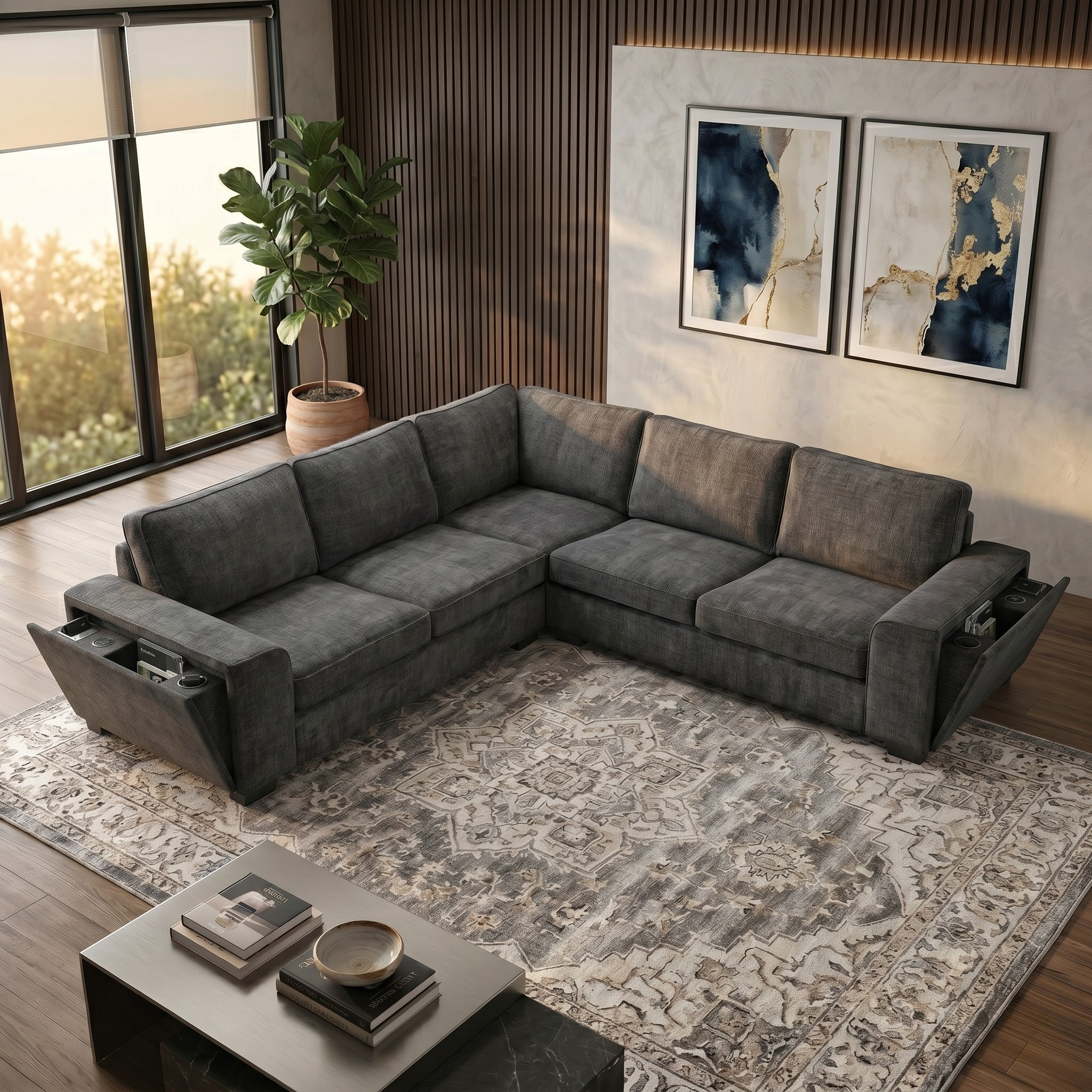 Dark Gray sectional sofa in a living room with a coffee table and decorative elements.