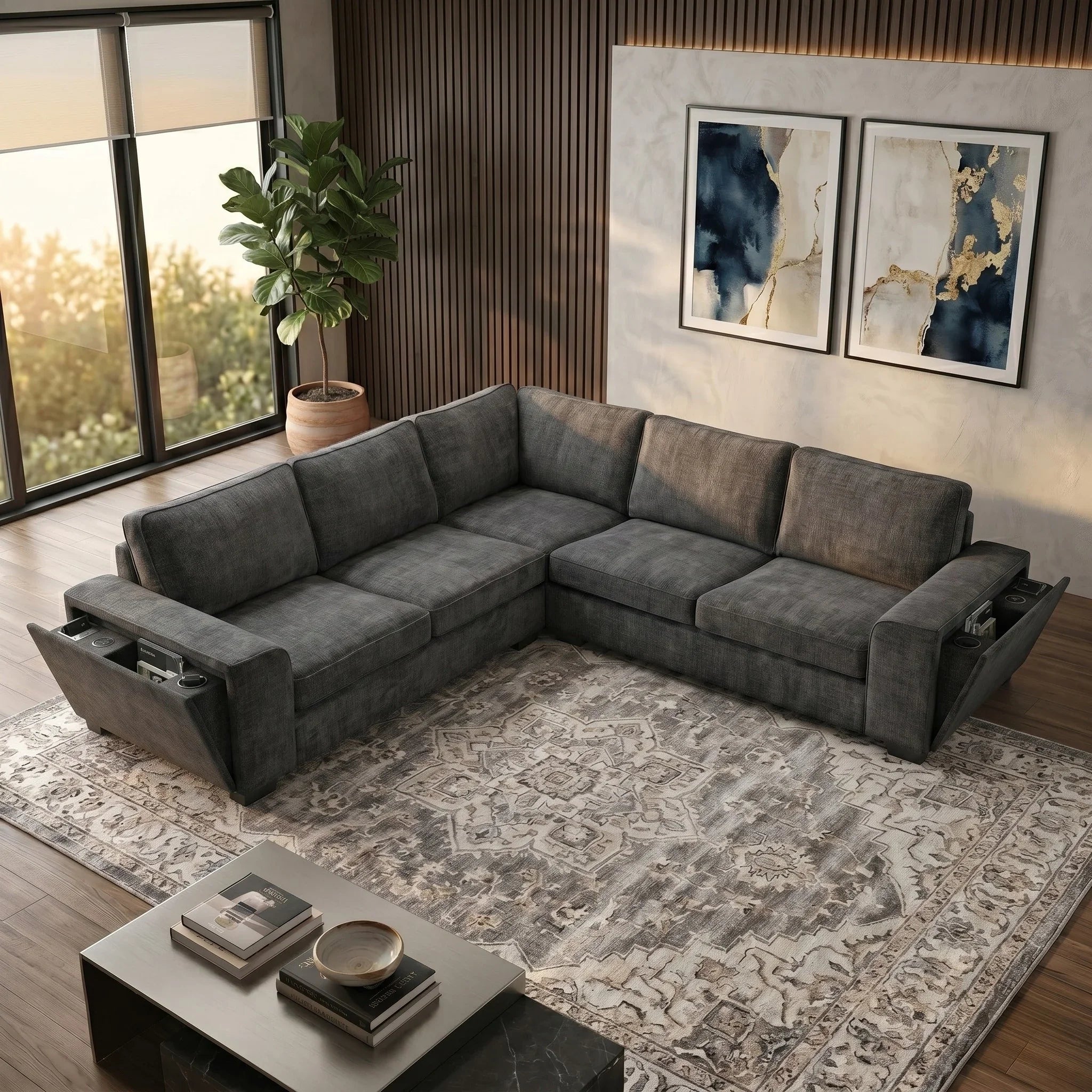 Dark Gray sectional sofa in a living room with a coffee table and decorative elements.