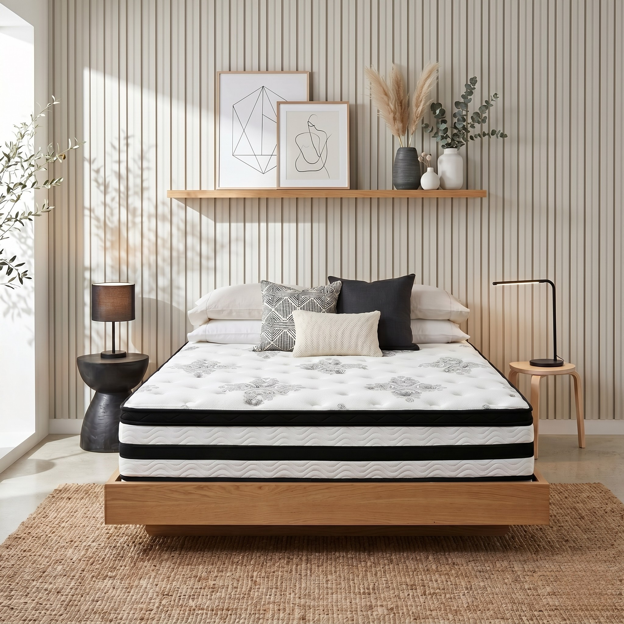 Bedroom with a bed featuring a mattress and pillows, wooden shelf with decor, and striped wall.