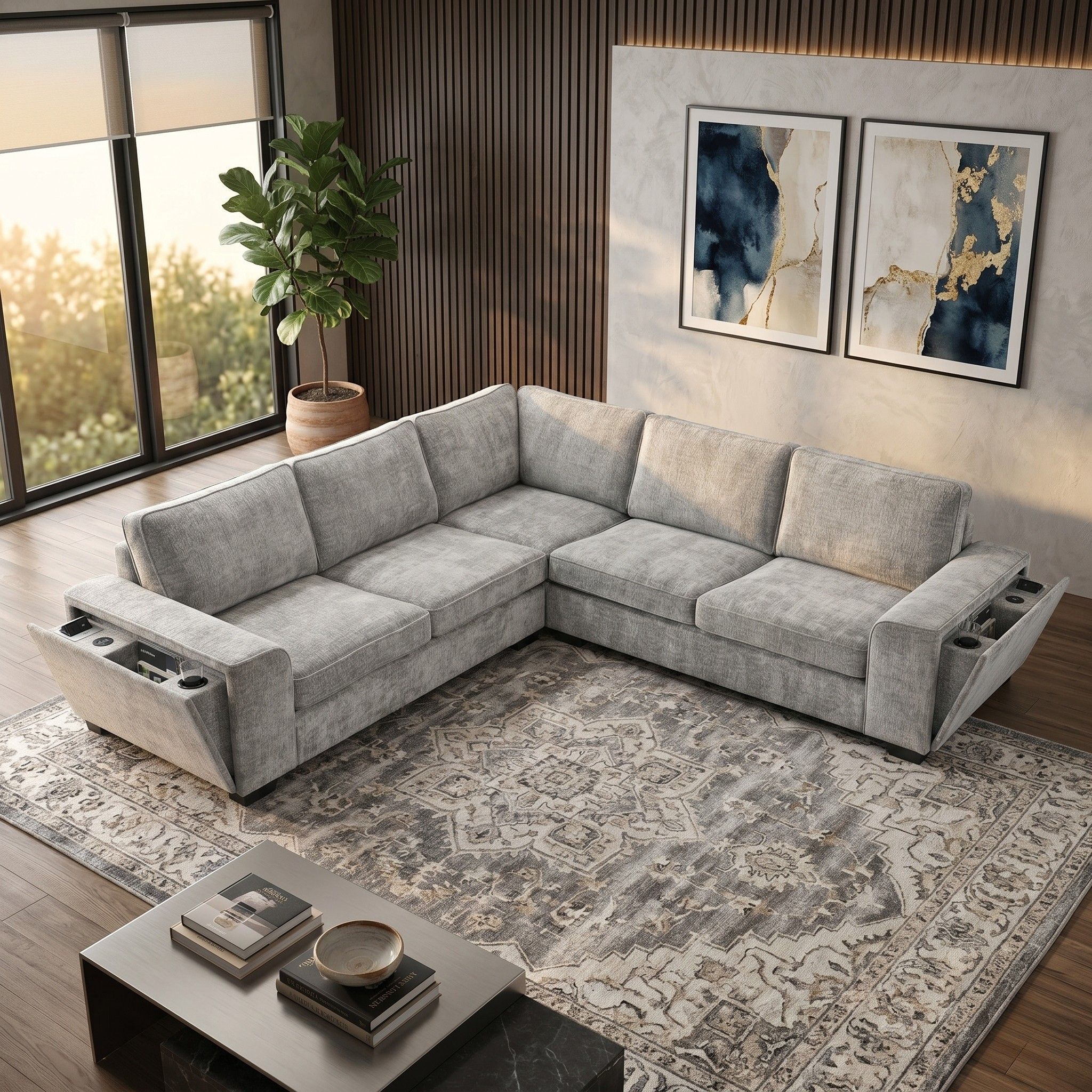 Silver sectional sofa in a living room with a coffee table and decorative items.