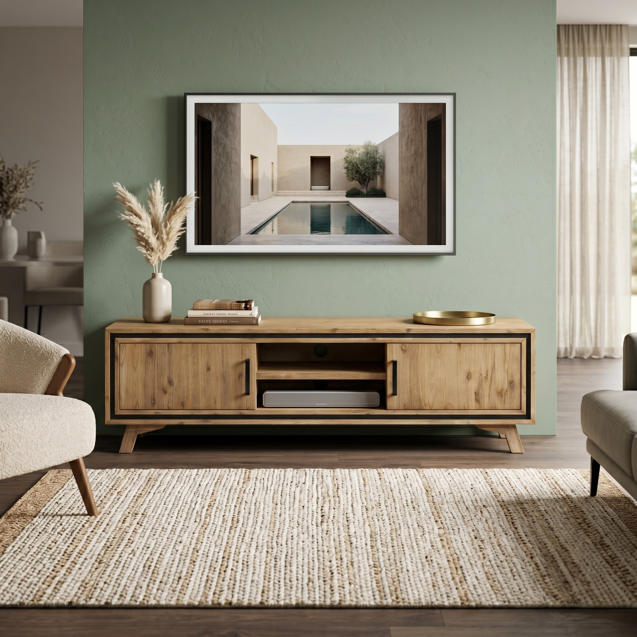 Wooden TV stand in a living room with a framed picture on the wall.