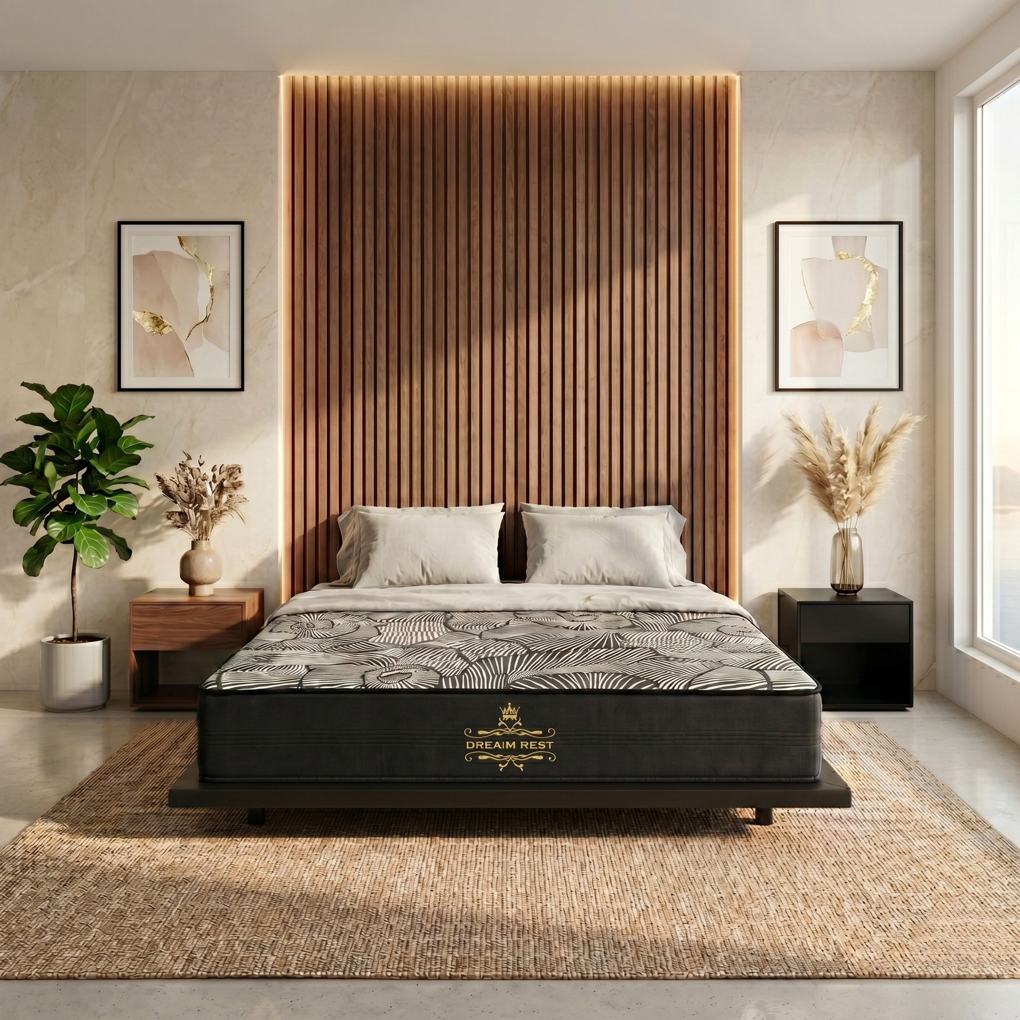 Bedroom with a wooden headboard and 'Dream rest' mattress.