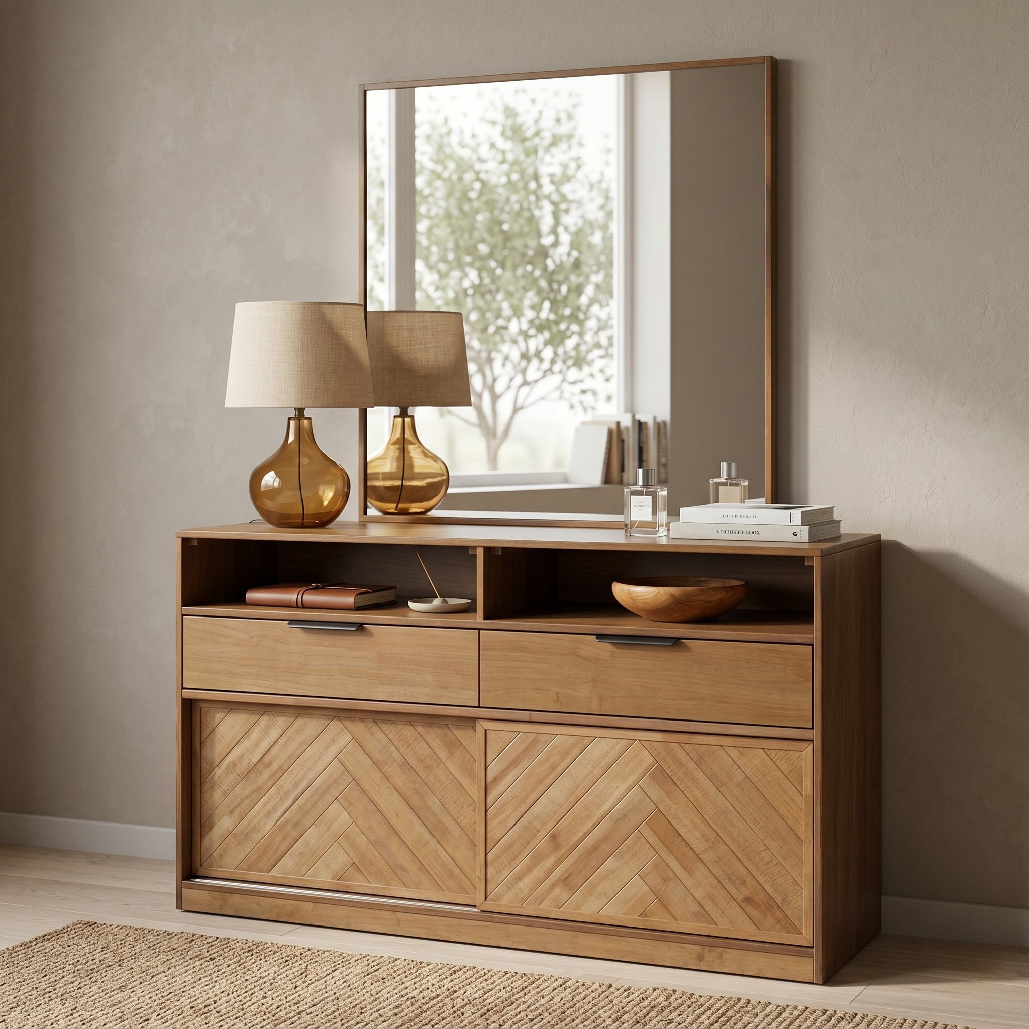 Wooden dresser with mirror, lamp, and decor items in a room setting.