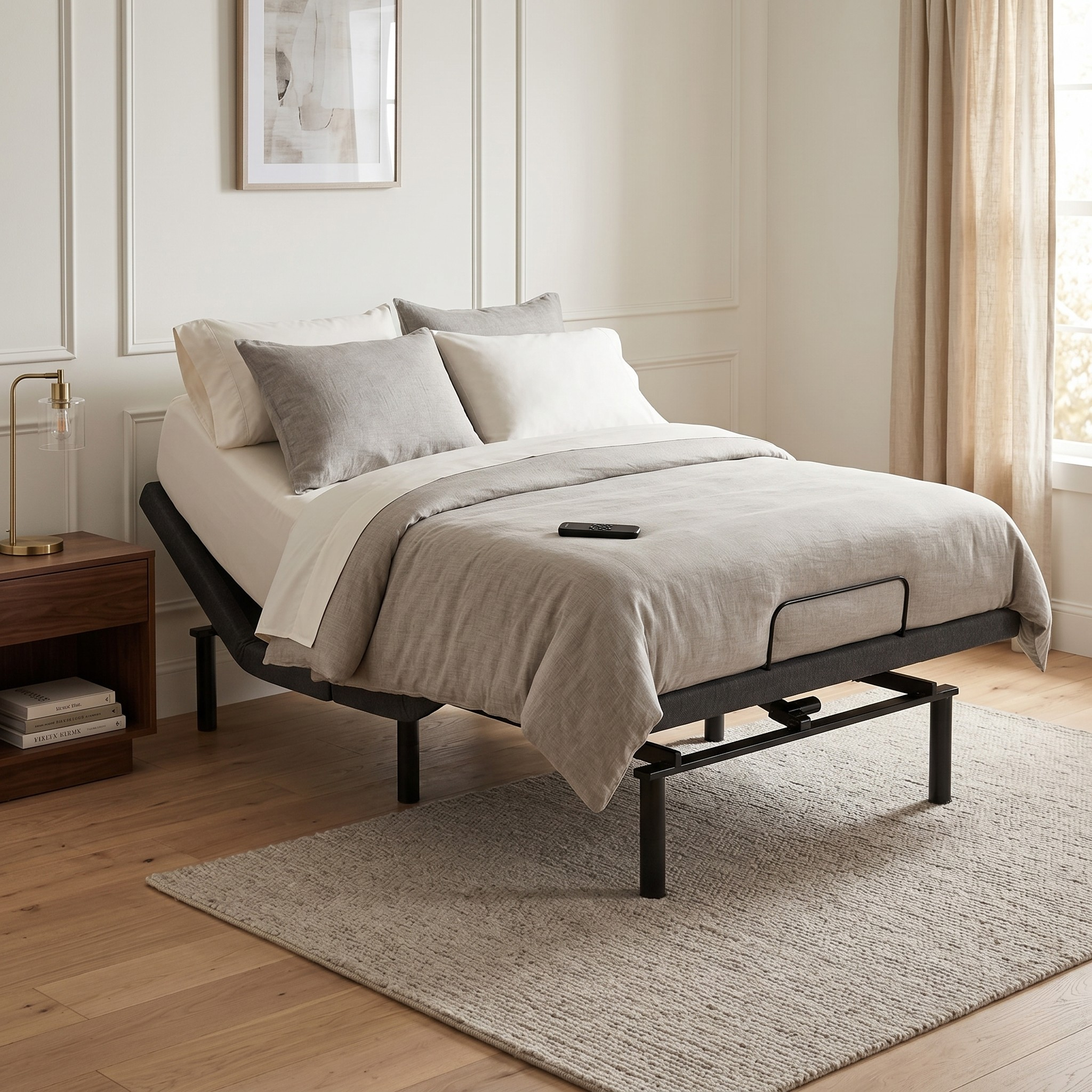 Adjustable Bed base with beige bedding in a bedroom setting