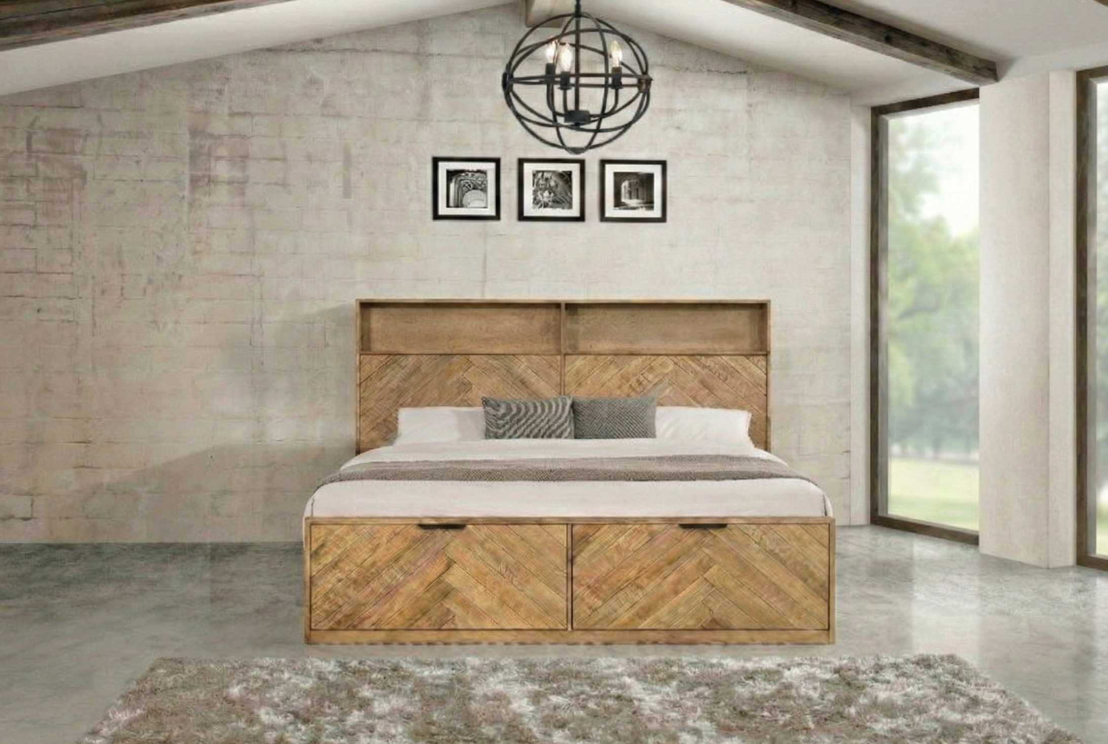 Wooden bed with storage drawers in a modern room setting.
