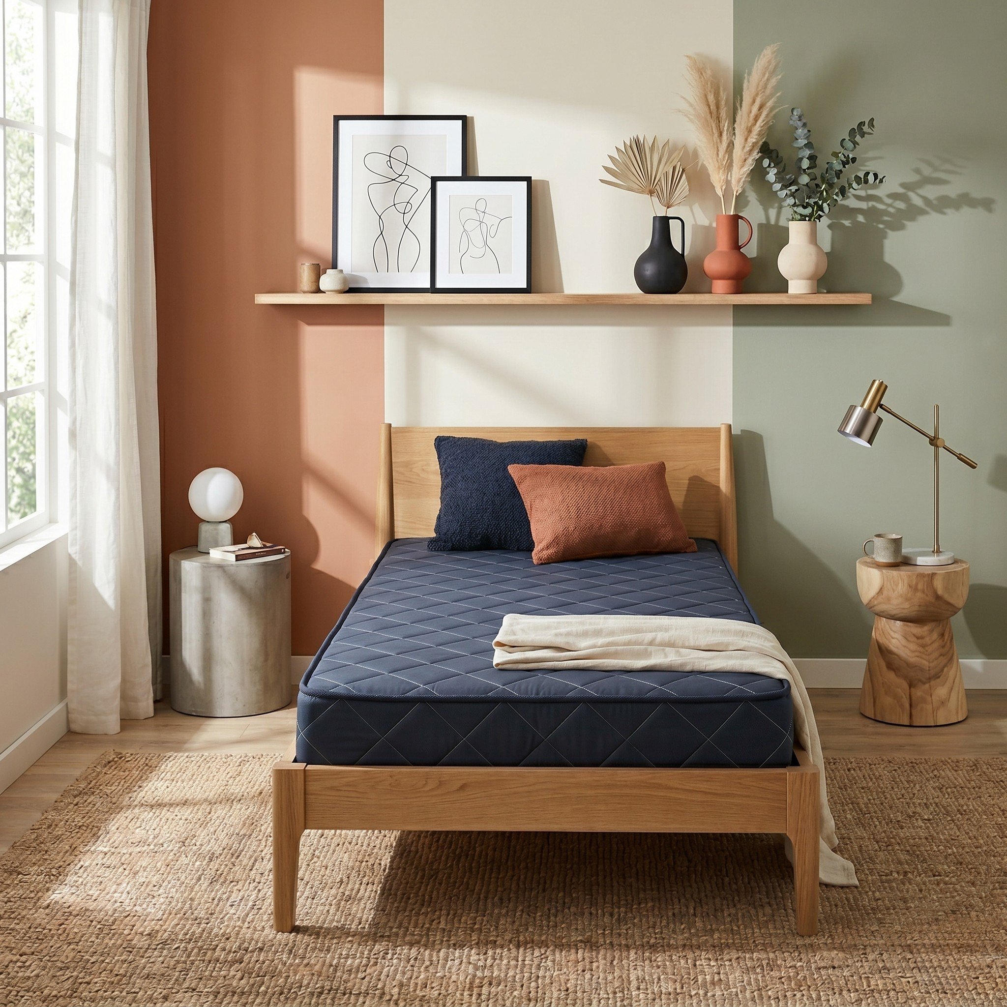 Bedroom with wooden bed, blue mattress, and decorative pillows.