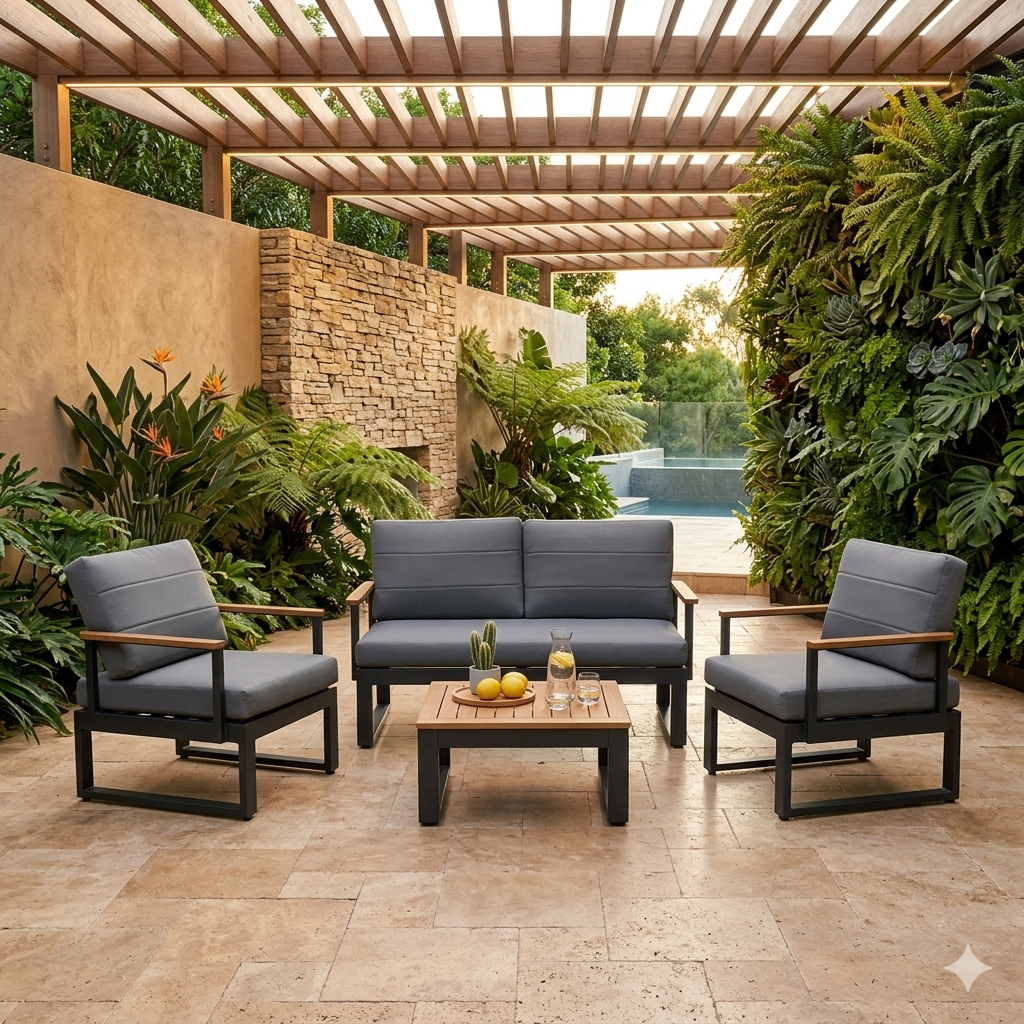Outdoor patio set with gray cushions and a wooden coffee table in a garden setting.
