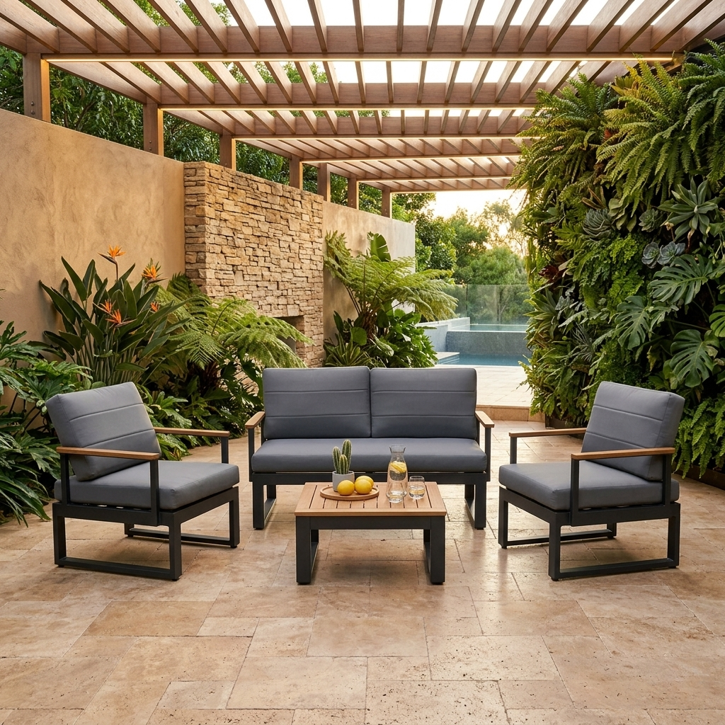 Outdoor patio set with gray cushions and a wooden coffee table in a garden setting.