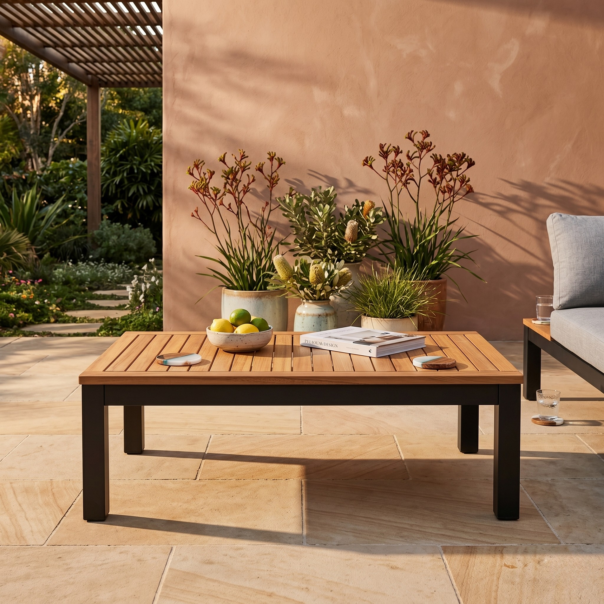 Wooden outdoor coffee table with plants and a bowl of fruit on a patio
