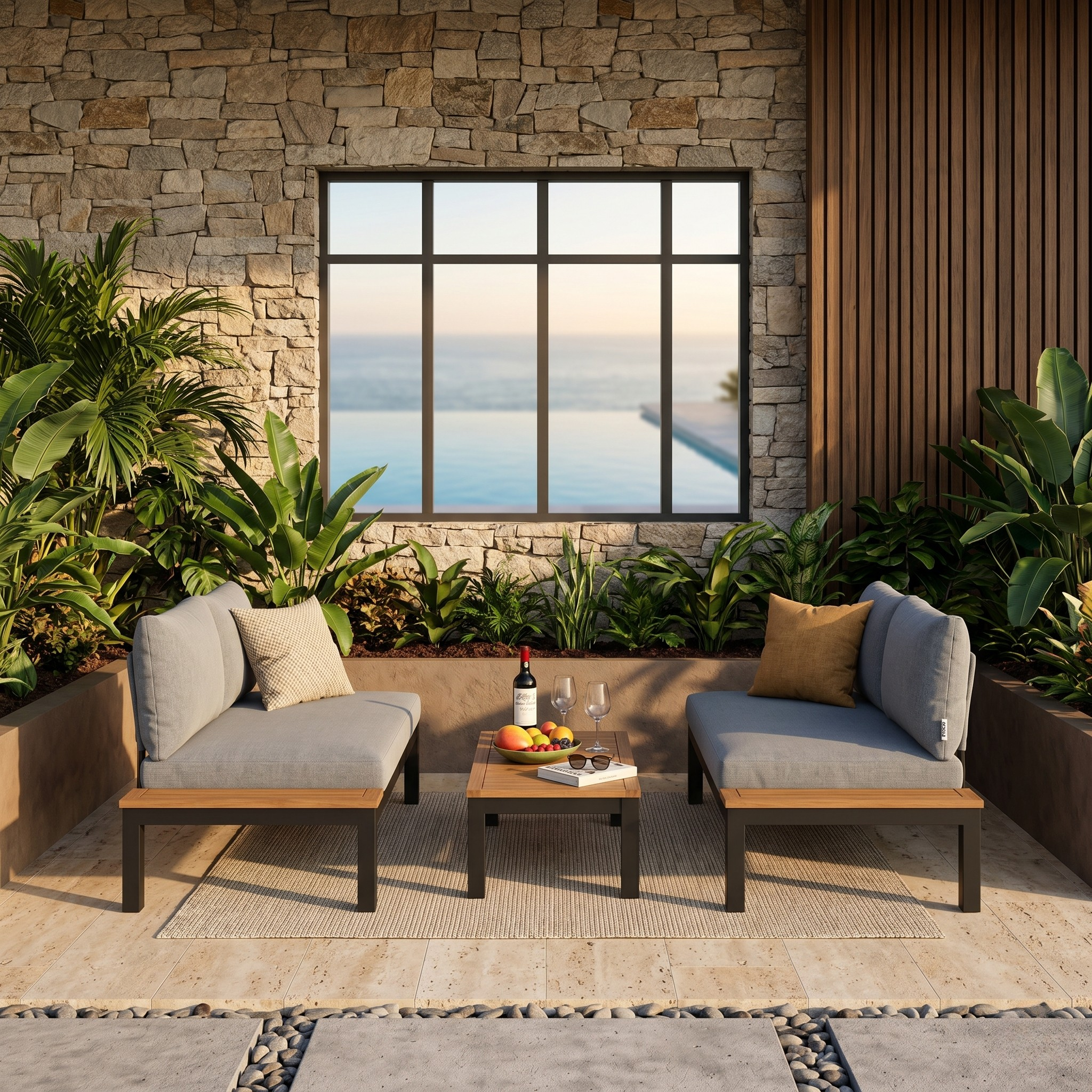 Outdoor patio setting with a stone wall, large window, and comfortable seating area.