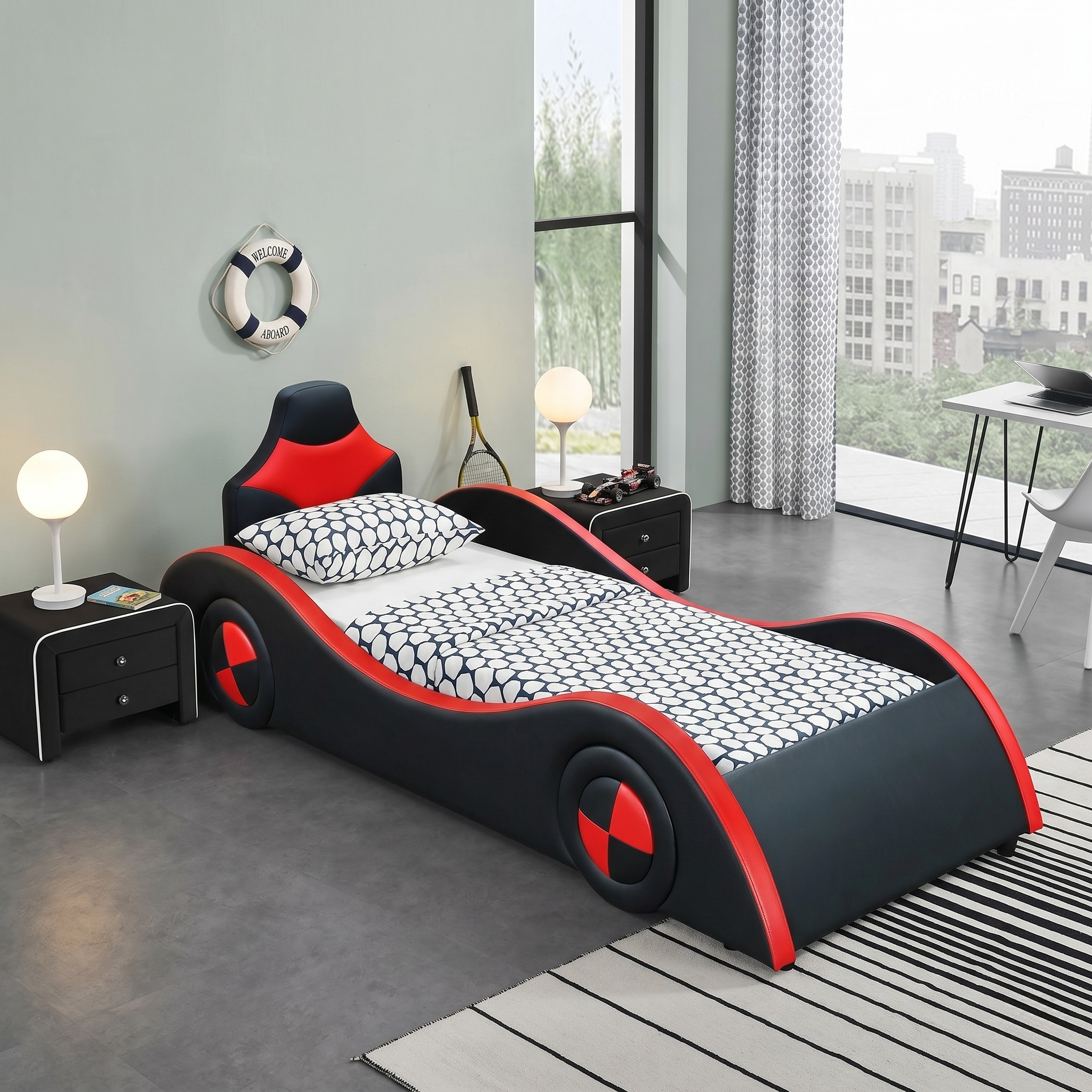 Modern bedroom with a black and red car-shaped bed.