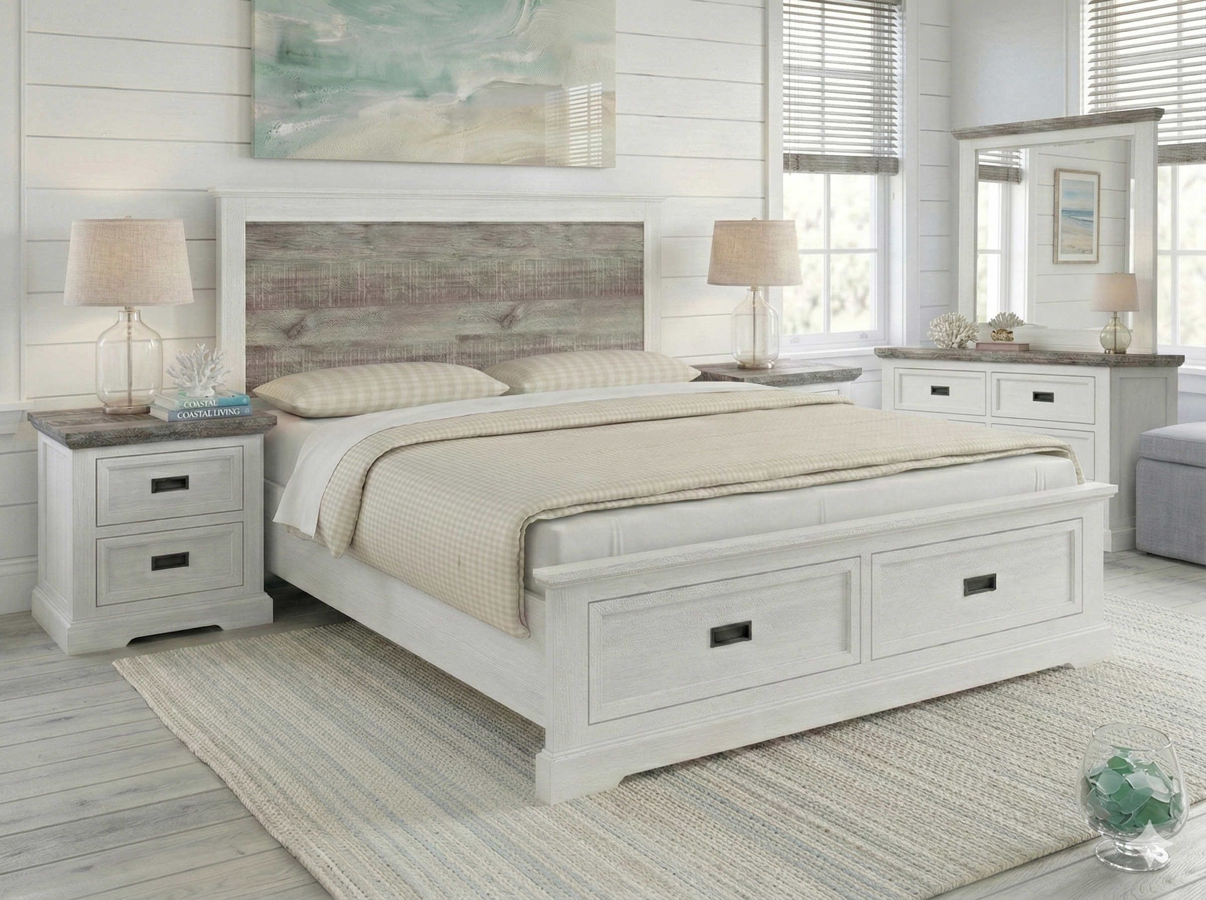 Neatly arranged bedroom with a white bed, nightstands, and lamps.