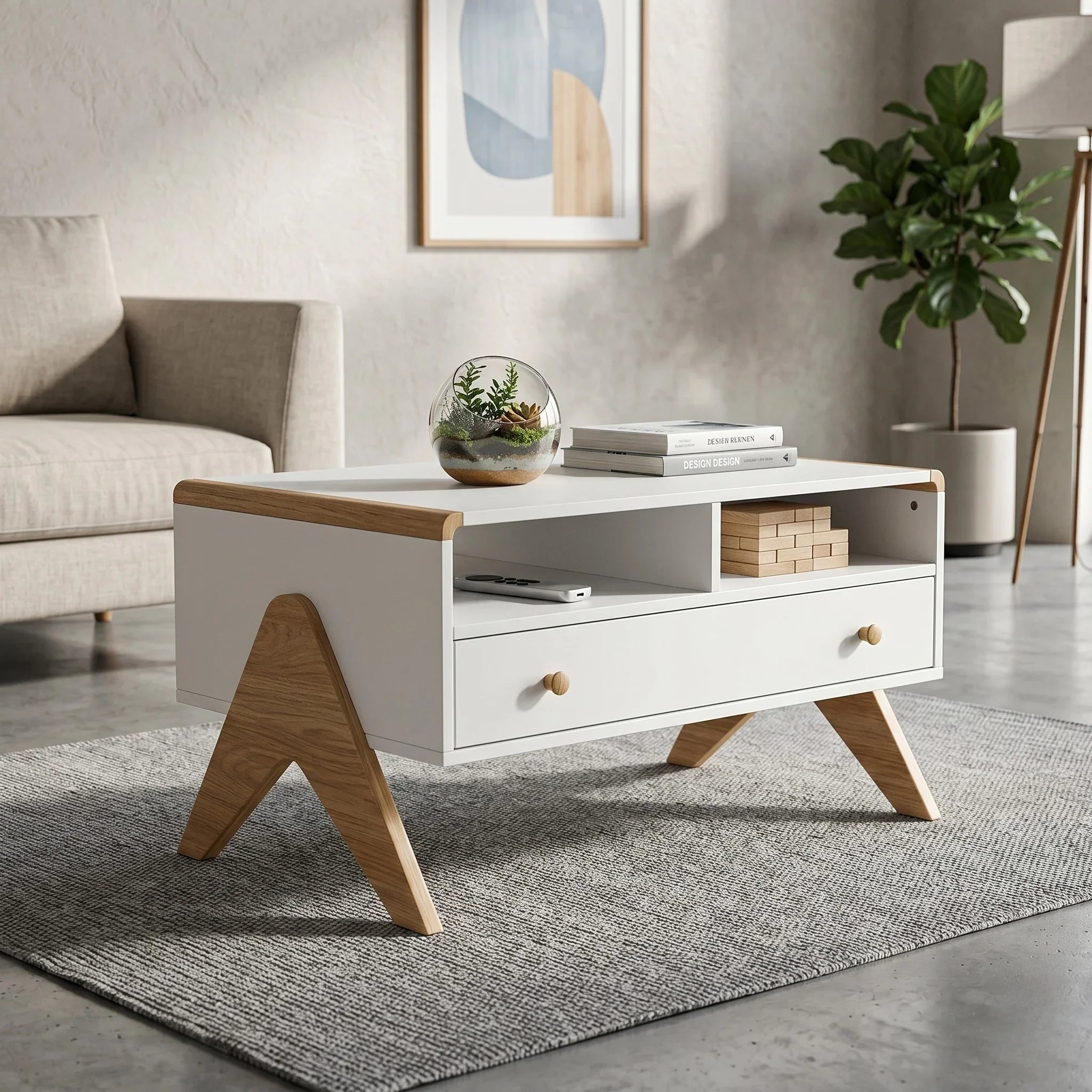Marcopolo Coffee Table with white top and wooden legs, featuring two open shelves and a drawer, styled with books and a glass terrarium in a modern living room.