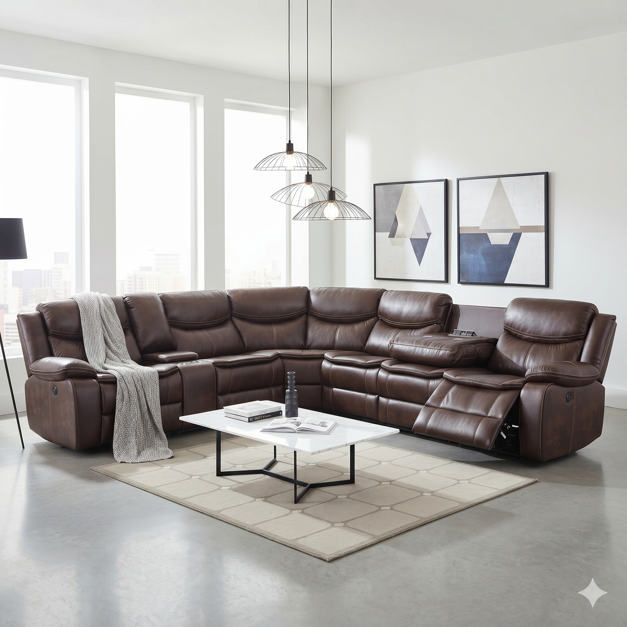 Brown leather sectional sofa in a modern living room with abstract art on the wall.
