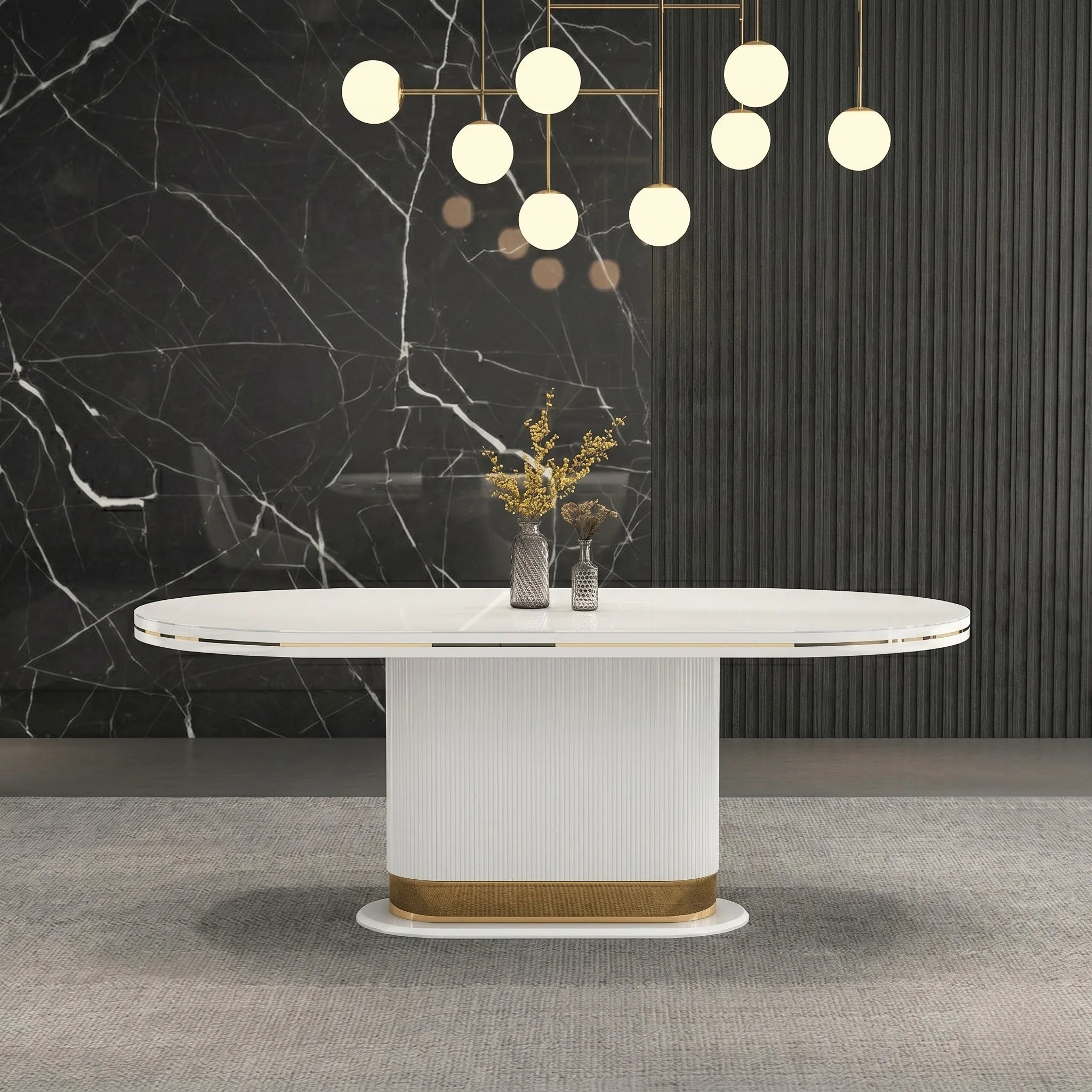 Modern oval dining table with marble-like finish in a stylish room with dark walls and ceiling lights.