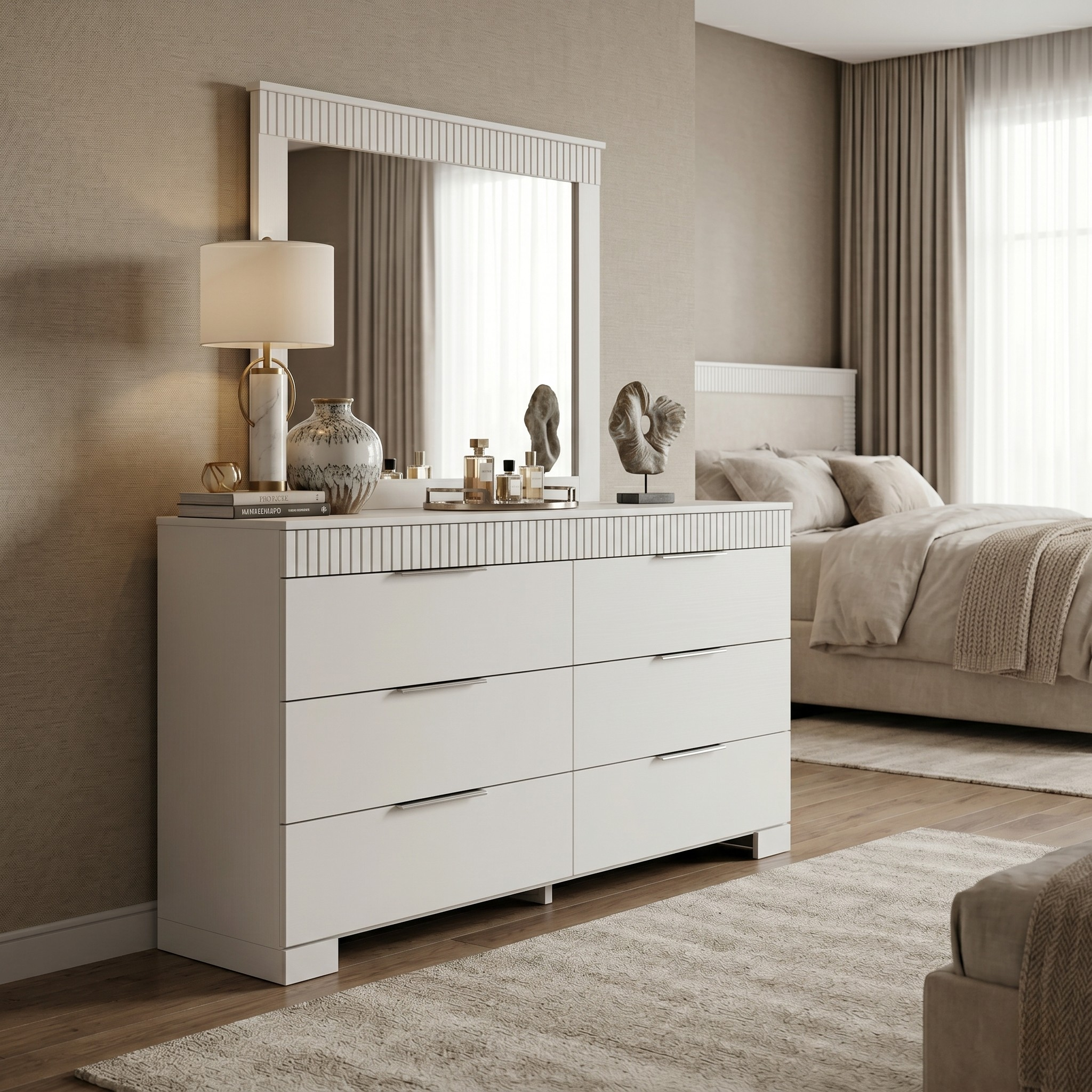 Modern bedroom with a white dresser, mirror, and bed.