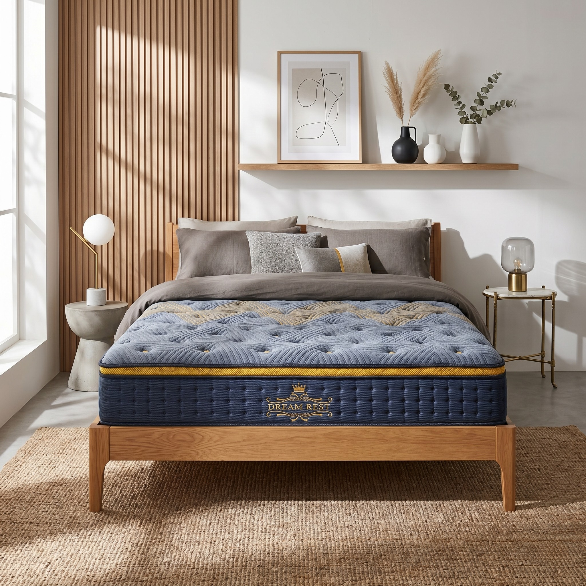 Bed with a mattress in a well-lit bedroom setting