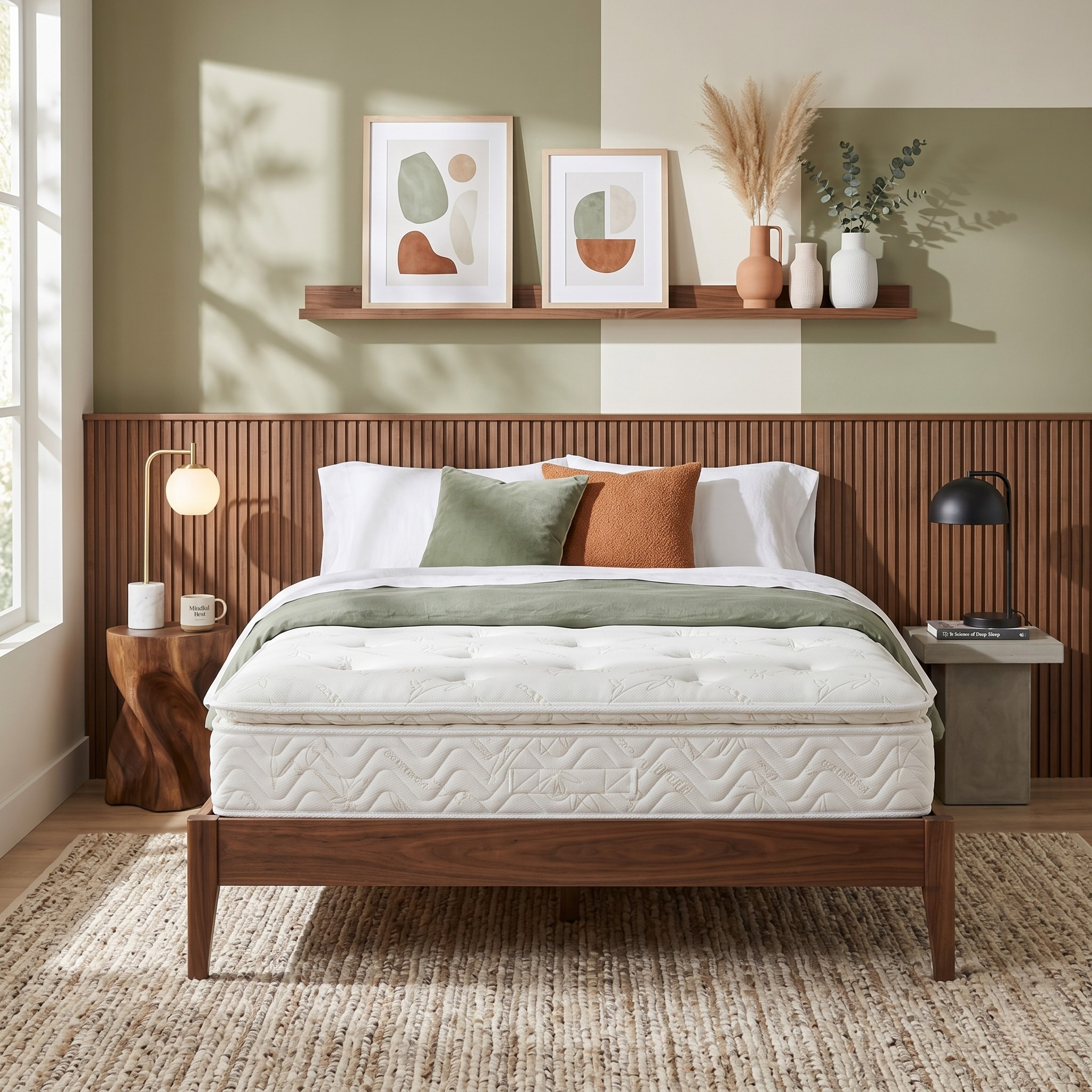 Bedroom with a wooden bed frame, white mattress, and decorative pillows.