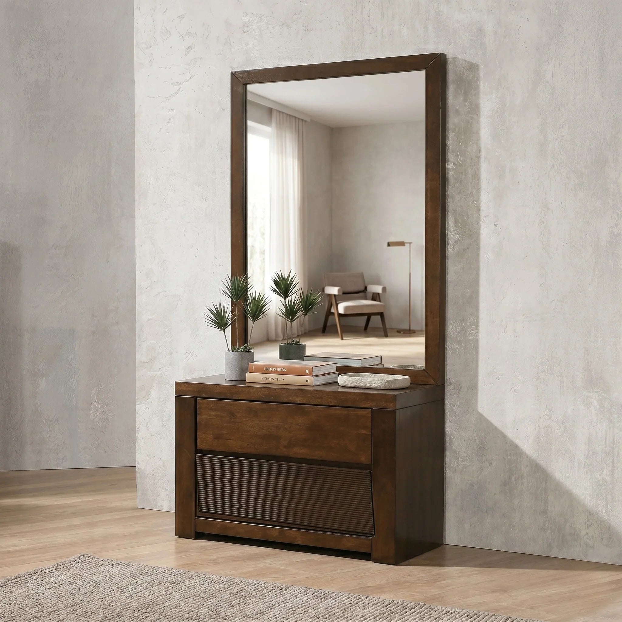 Lisbon Vanity | Modern Wood & Mirror | 2 Drawers - The A2Z Furniture Lisbon Vanity | Modern Wood & Mirror | 2 Drawers - The A2Z Furniture