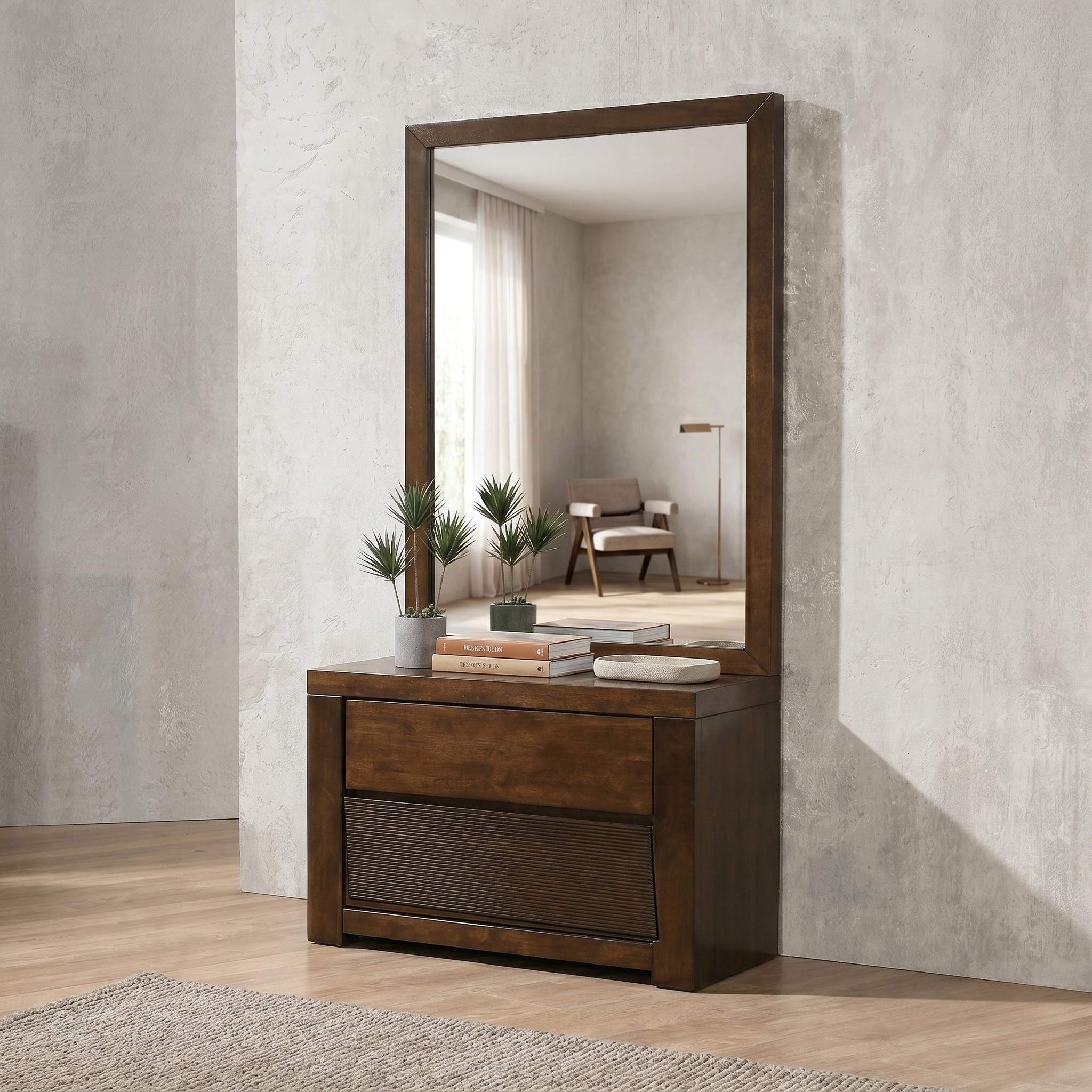 Wooden dresser with mirror against a textured wall