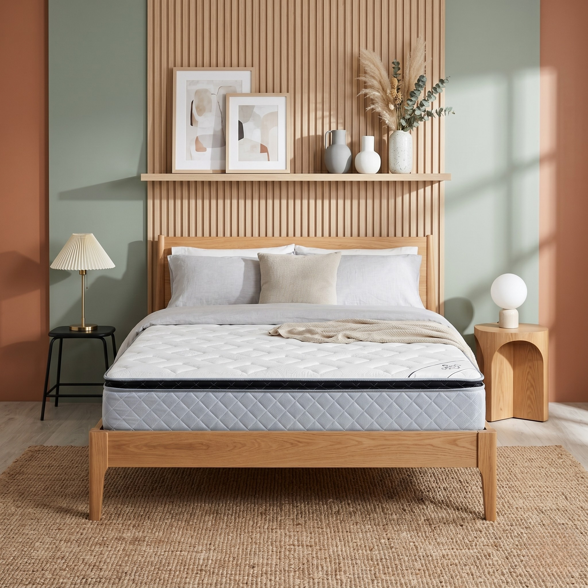 Bedroom with a wooden bed frame, mattress, and decorative elements.