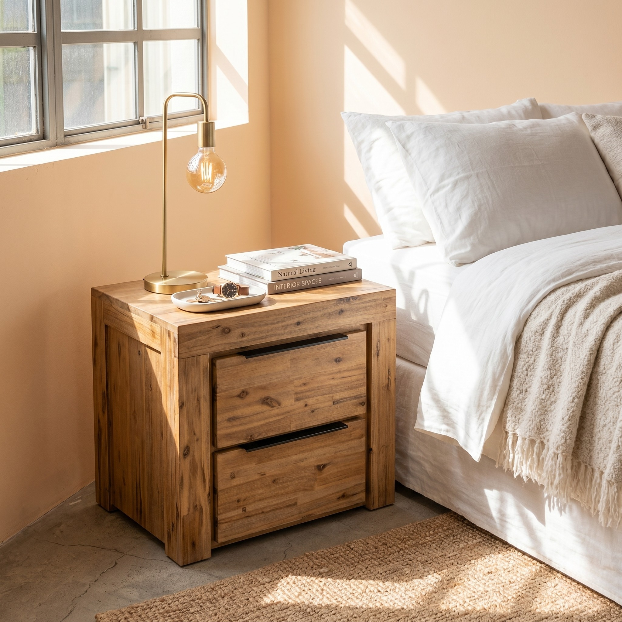 Wooden nightstand with books and a lamp next to a bed in a bedroom.