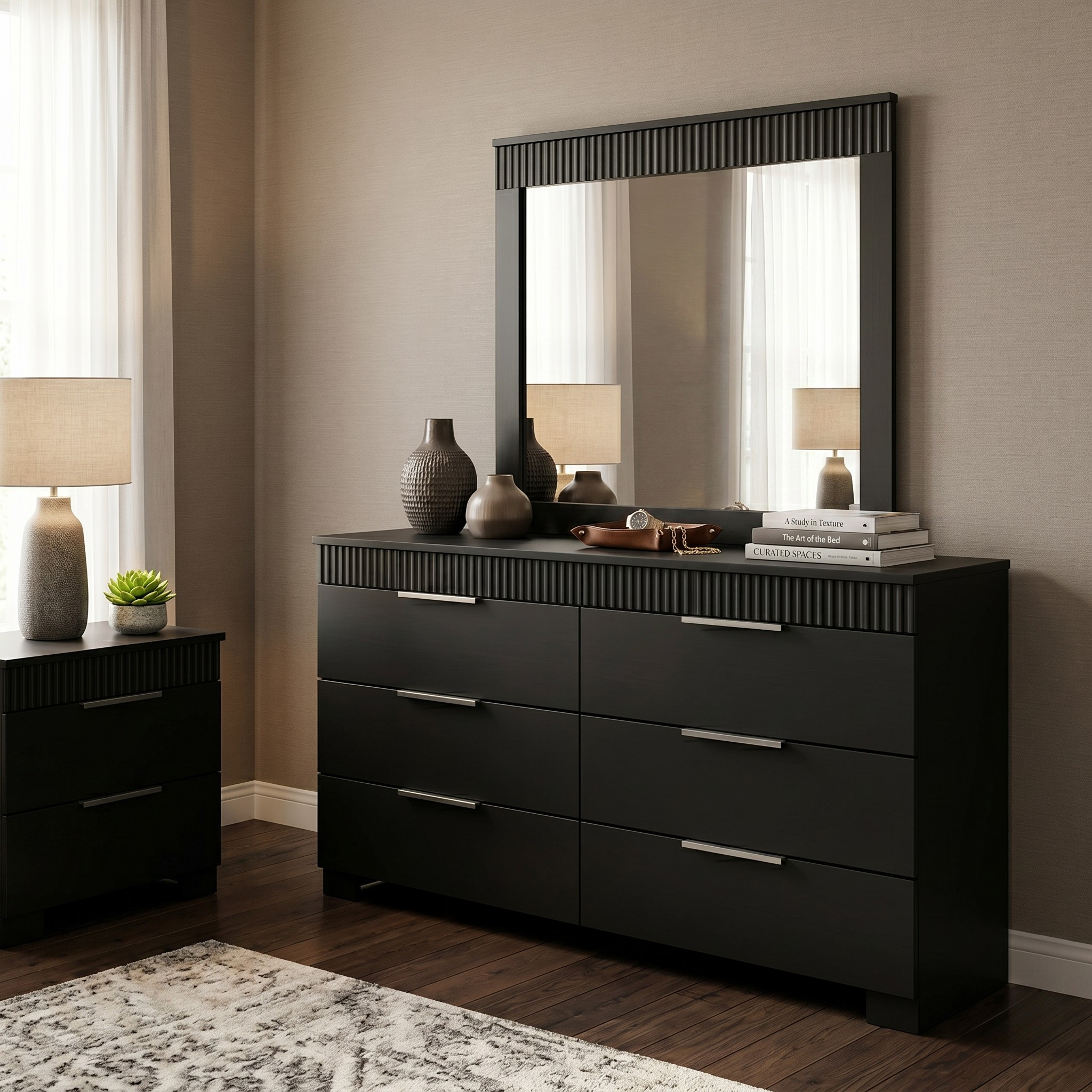 Black dresser with mirror in a bedroom setting