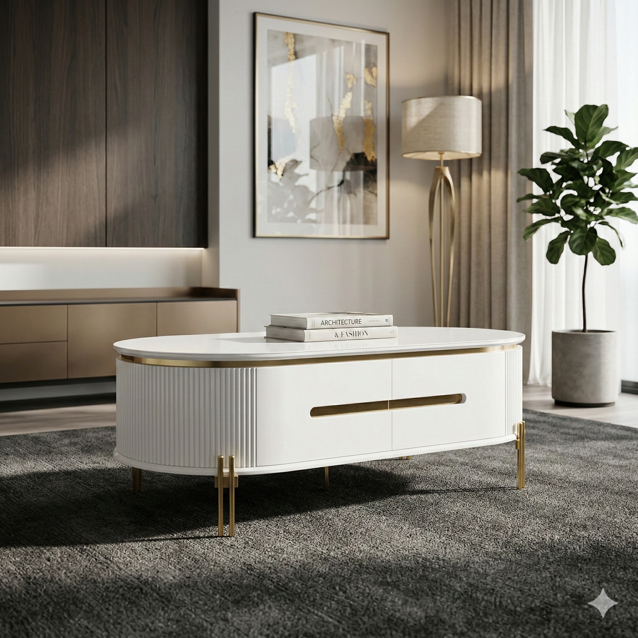Modern white coffee table with gold accents in a stylish living room.