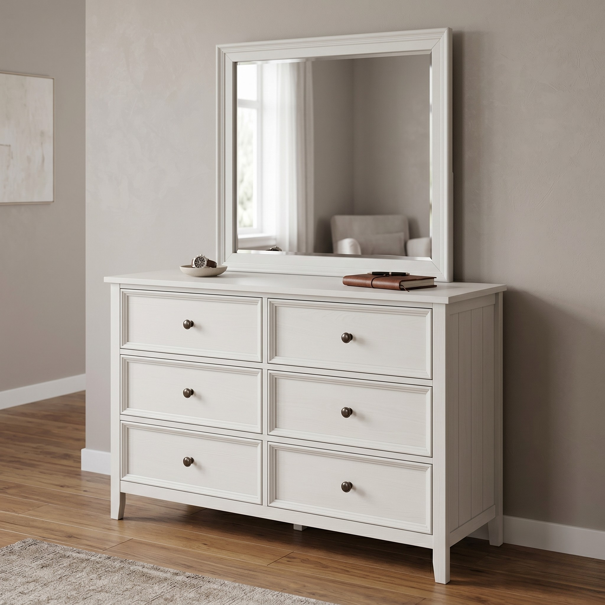 White dresser with six drawers and a mirror in a room with wooden flooring and gray walls.