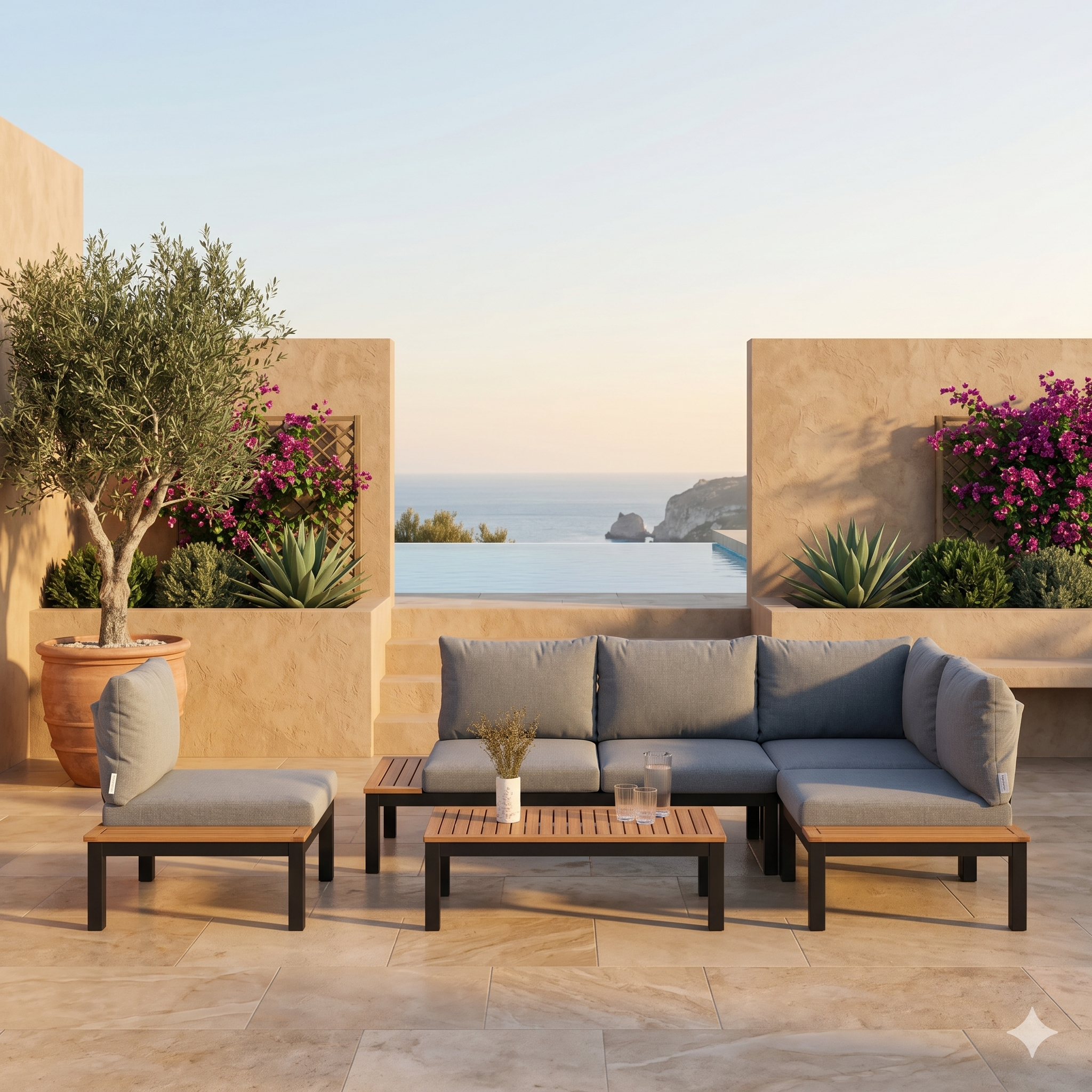 Outdoor patio set with gray cushions and wooden coffee table against a scenic backdrop.