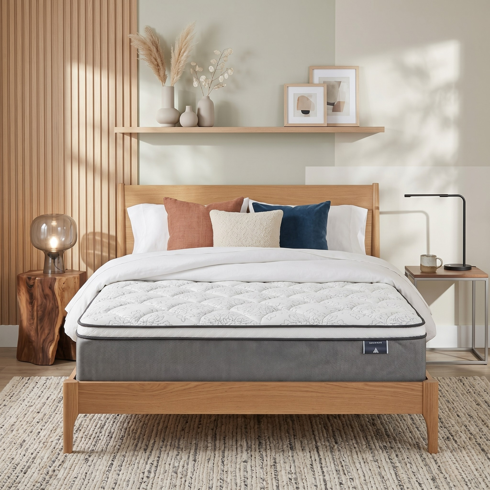 Bed with a mattress in a bedroom setting with decor elements.