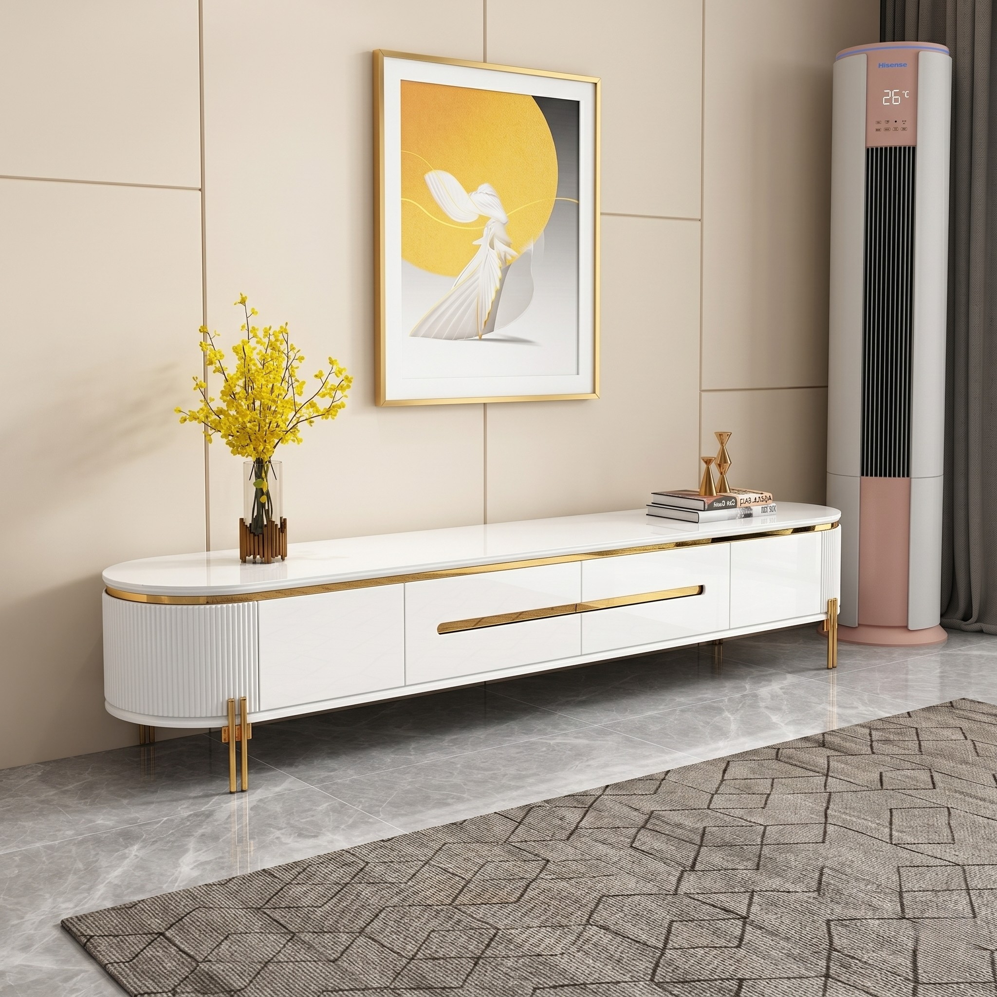 Modern living room with a white TV stand, decorative painting, and air conditioner.