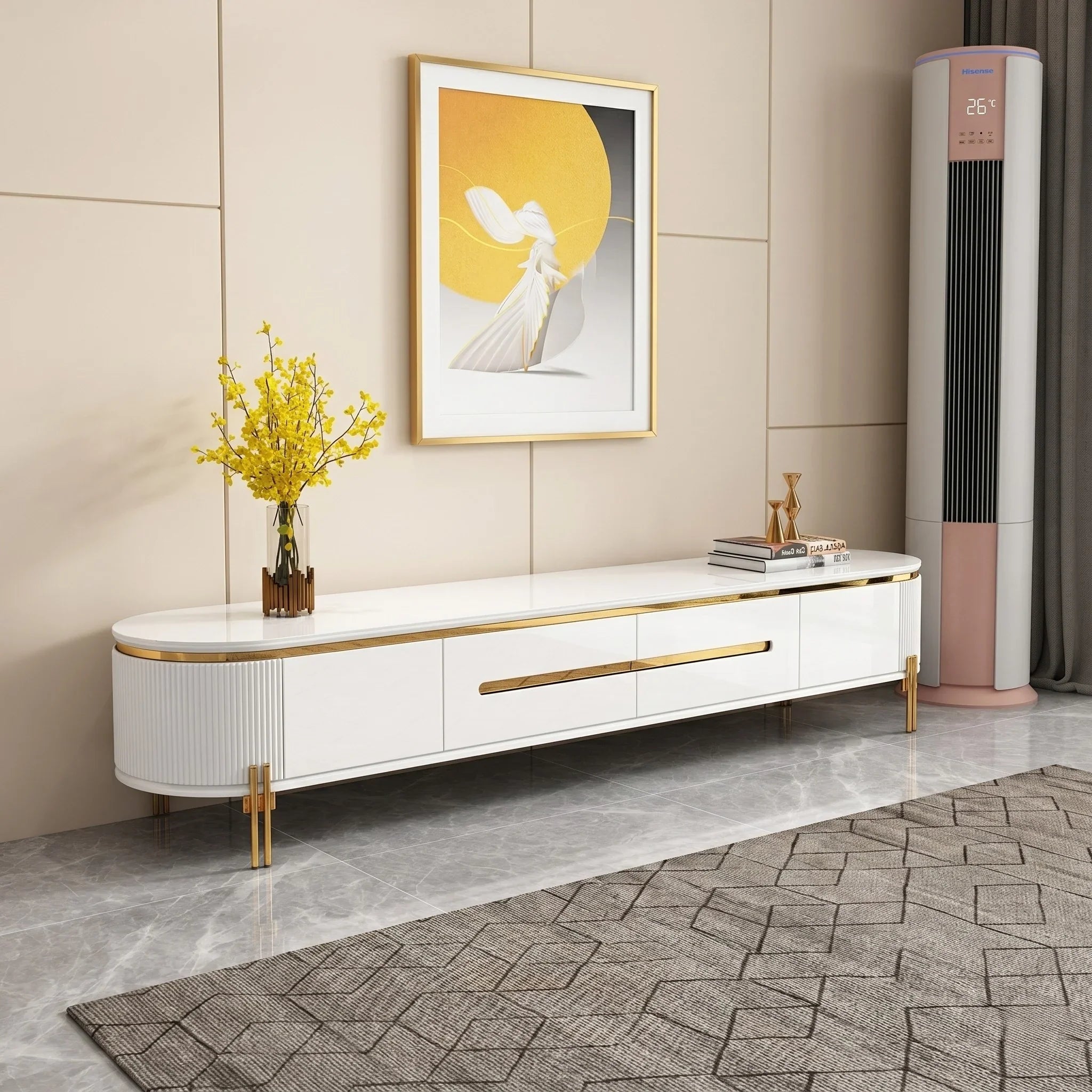 Modern living room with a white TV stand, decorative painting, and air conditioner.