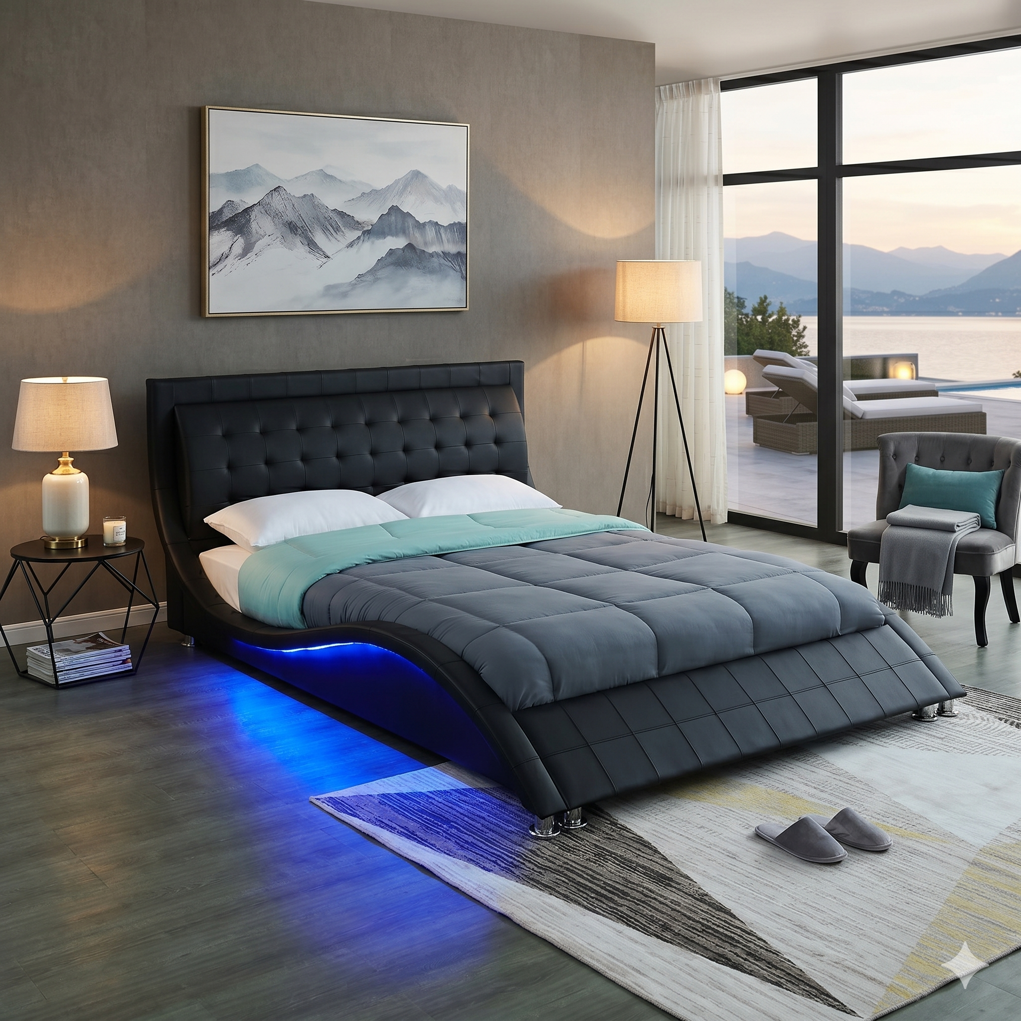 Modern bedroom with a black upholstered bed, LED lighting, and a view of a lake.