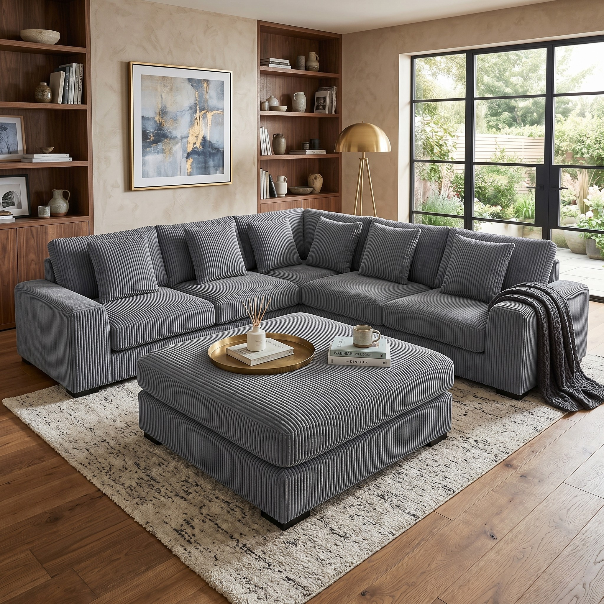 Gray sectional sofa in a living room with a rug and decor items.