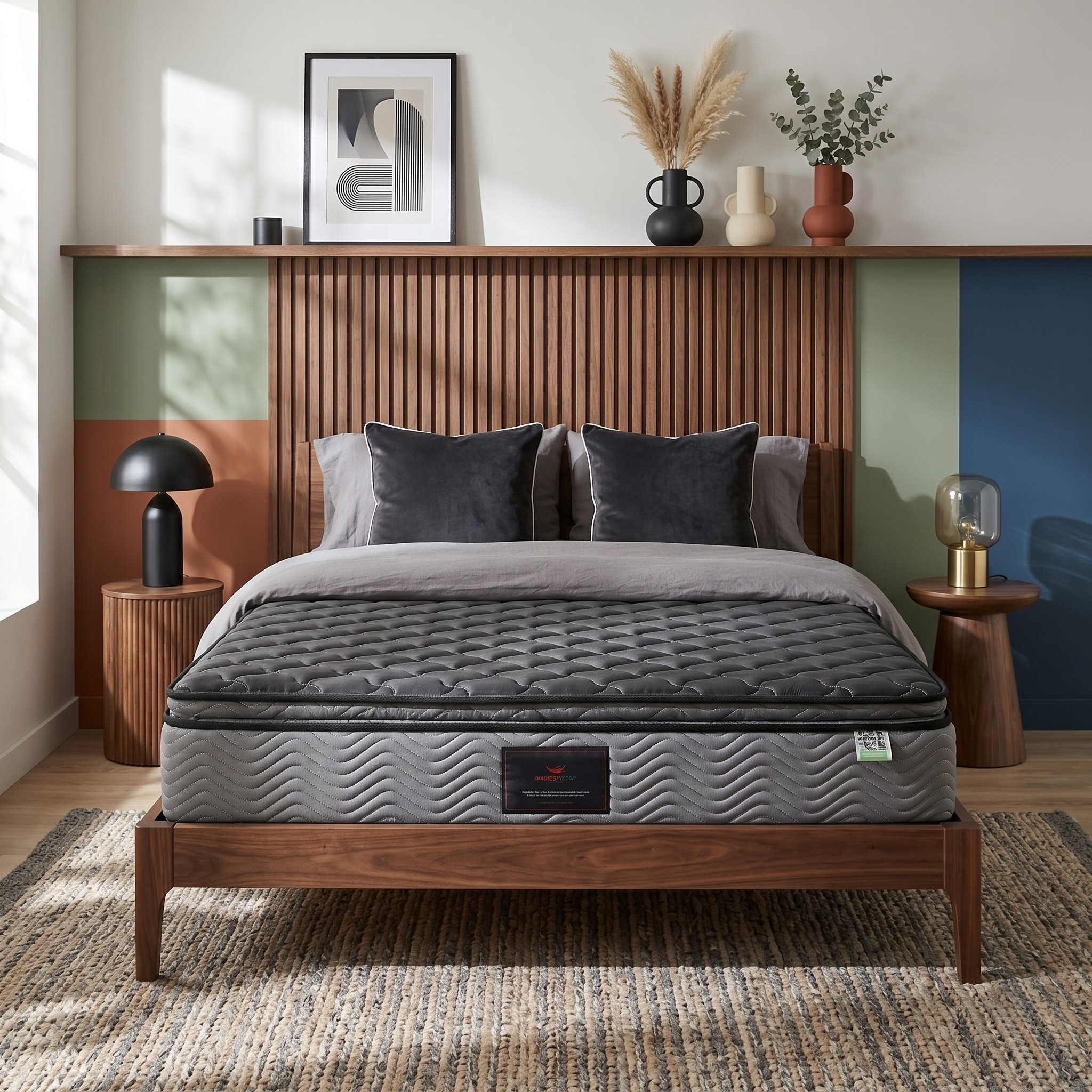 Gray mattress on a wooden bed frame in a bedroom setting with decorative elements.