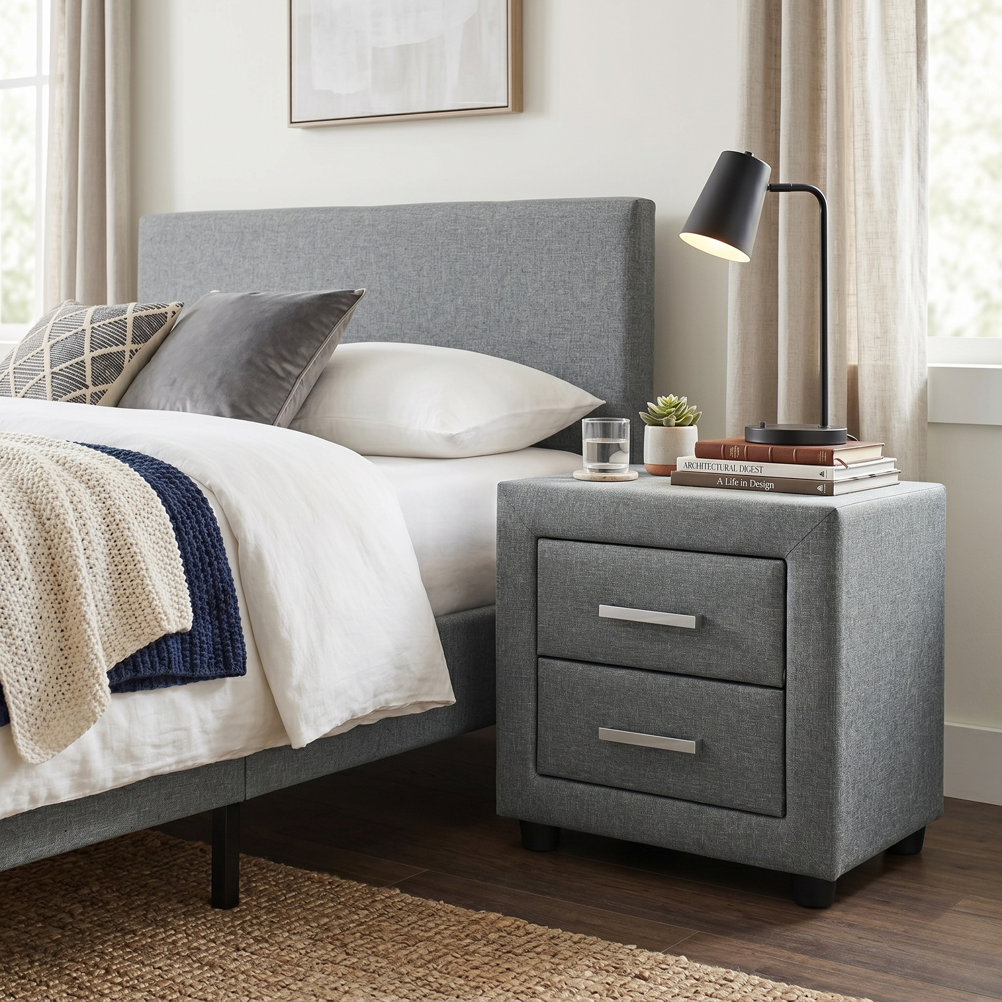 Gray upholstered bed with matching nightstand in a bedroom setting