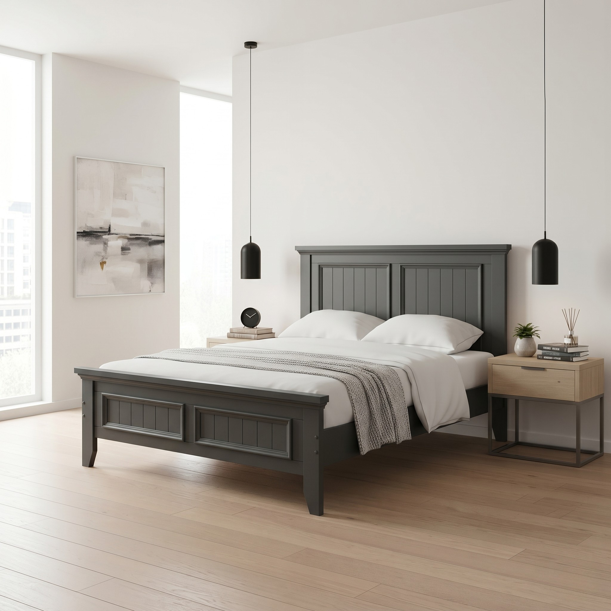 Gray wooden bed in a modern bedroom with light wood flooring and white walls.