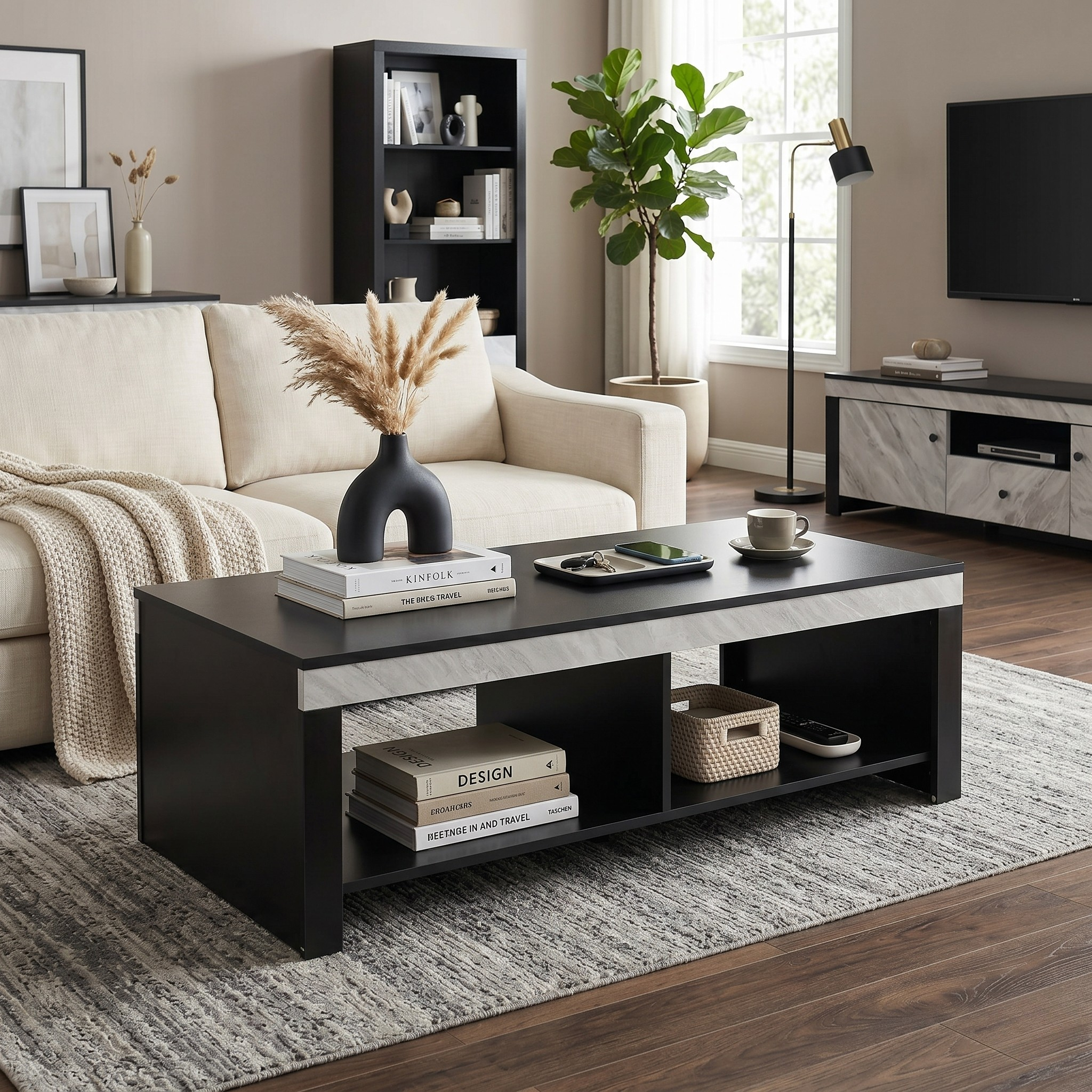 Modern living room with a black coffee table, beige sofa, and decorative items.