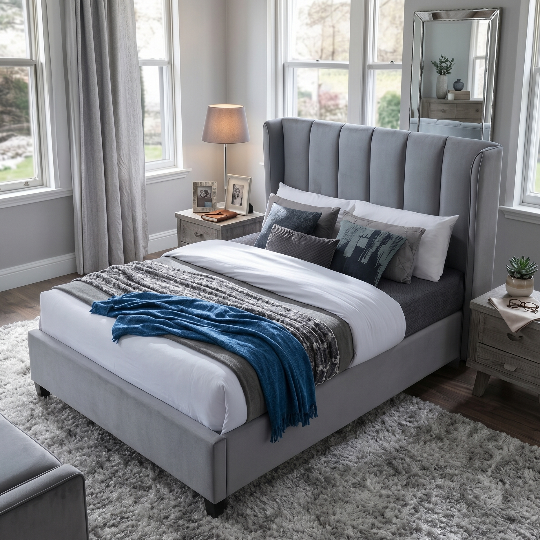 Gray upholstered bed with decorative pillows and a blue throw blanket in a bedroom setting.