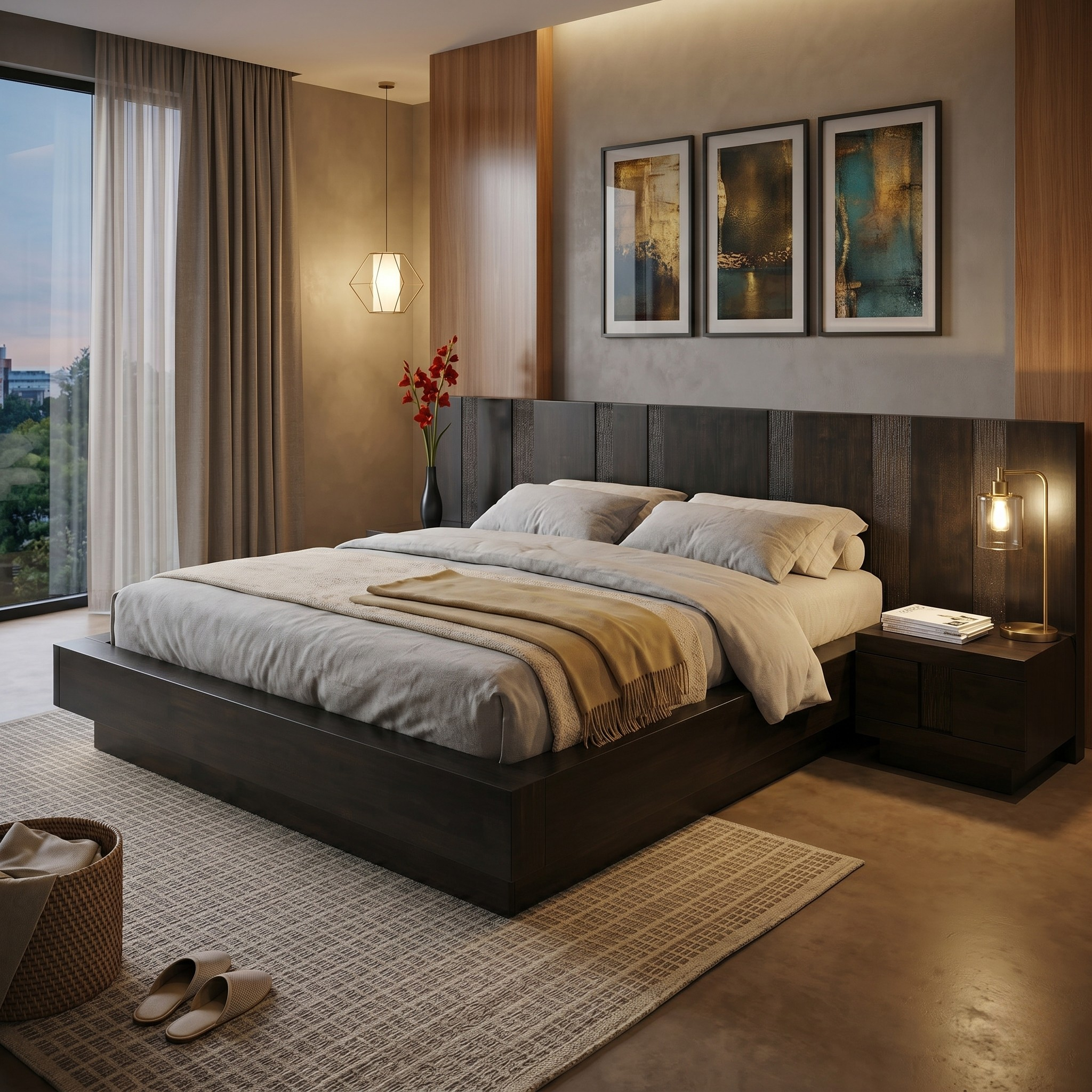Modern bedroom with a large bed, nightstands, and wall art.