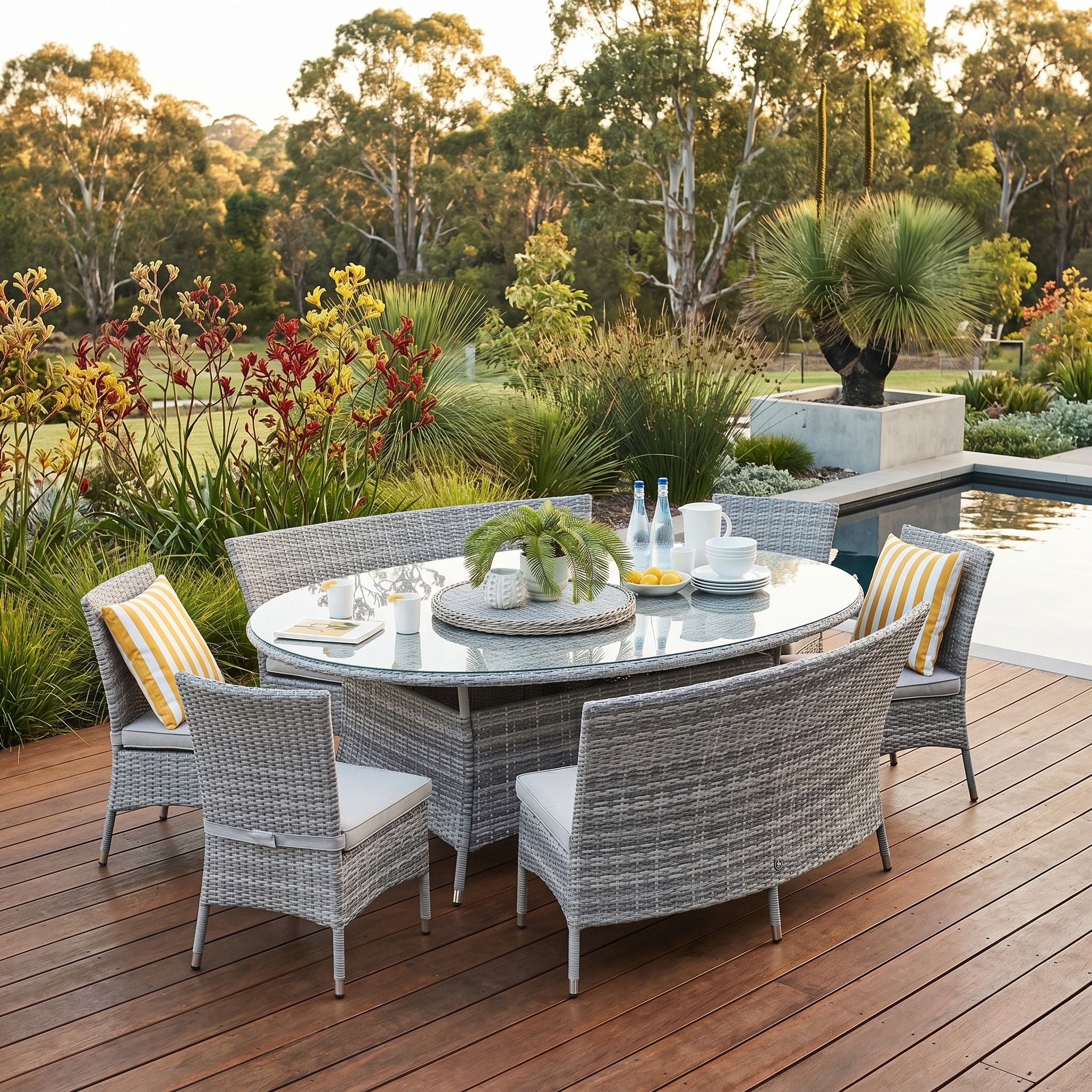 Outdoor dining setup with a round table and chairs on a wooden deck, surrounded by nature.