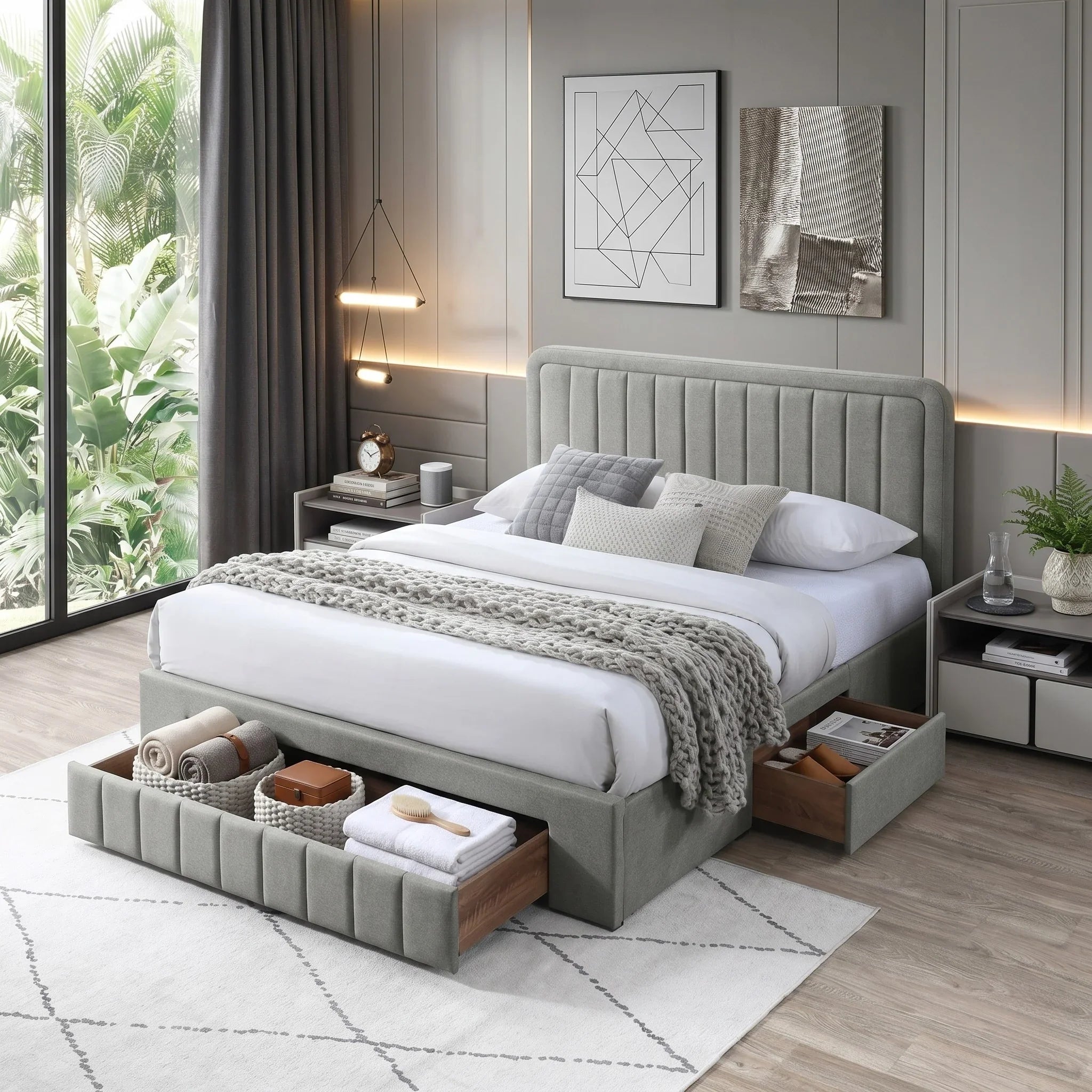 Modern bedroom with a gray upholstered bed, nightstands, and decorative elements.