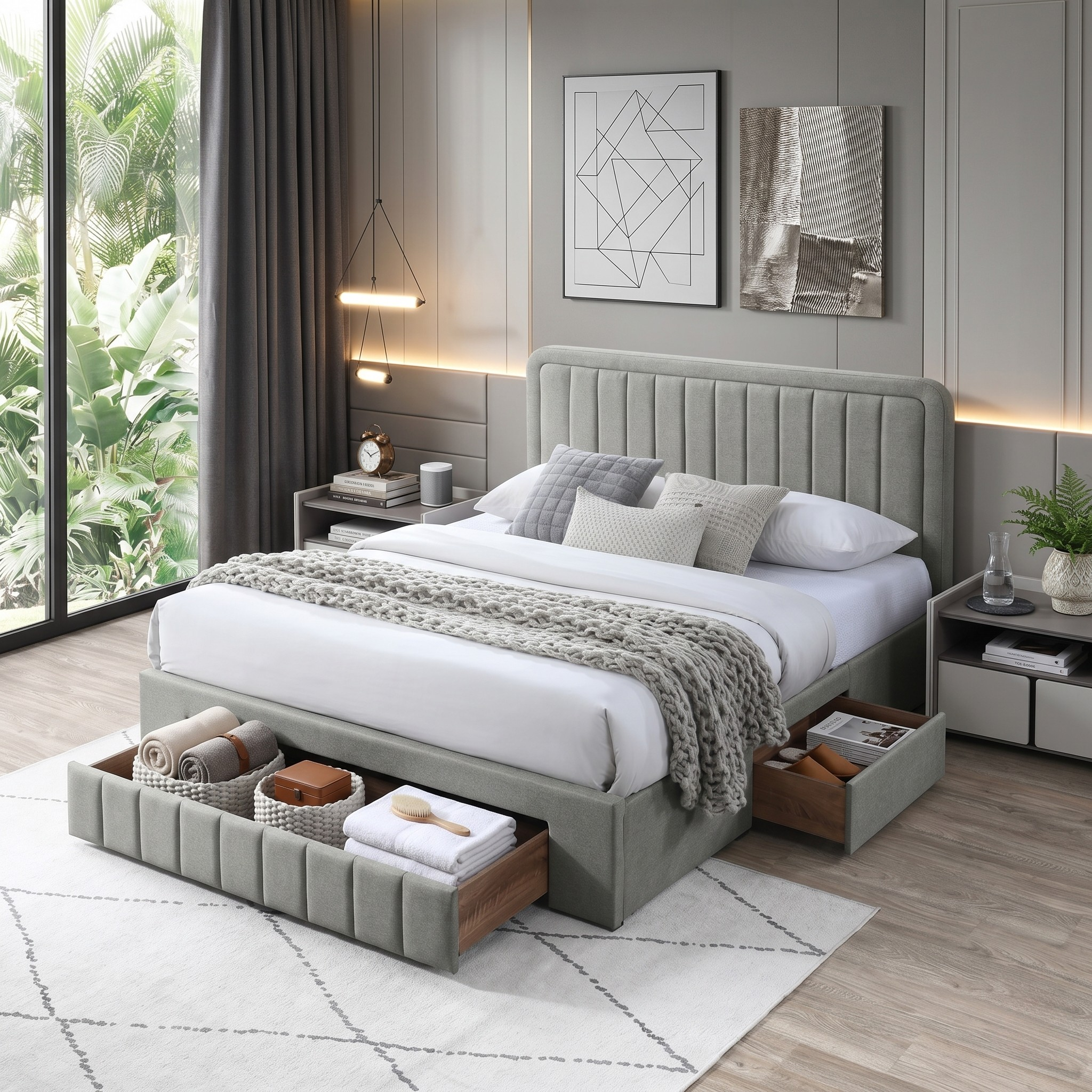 Modern bedroom with a gray upholstered bed, nightstands, and decorative elements.