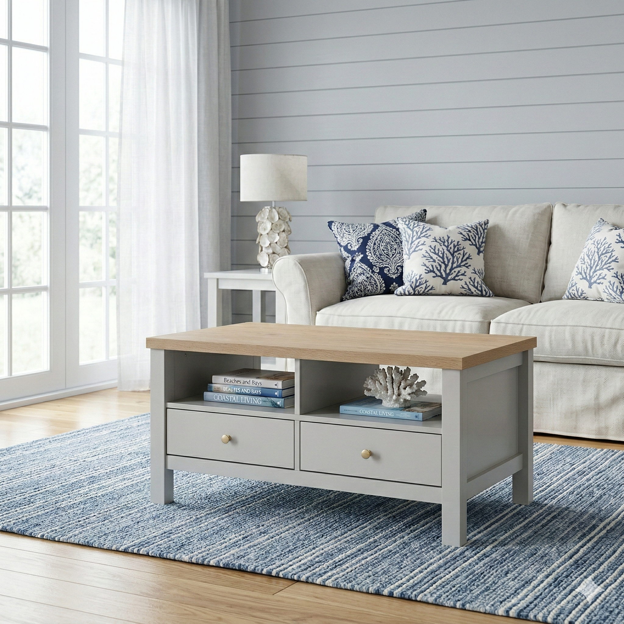 Living room with a beige sofa, wooden coffee table, and decorative pillows.