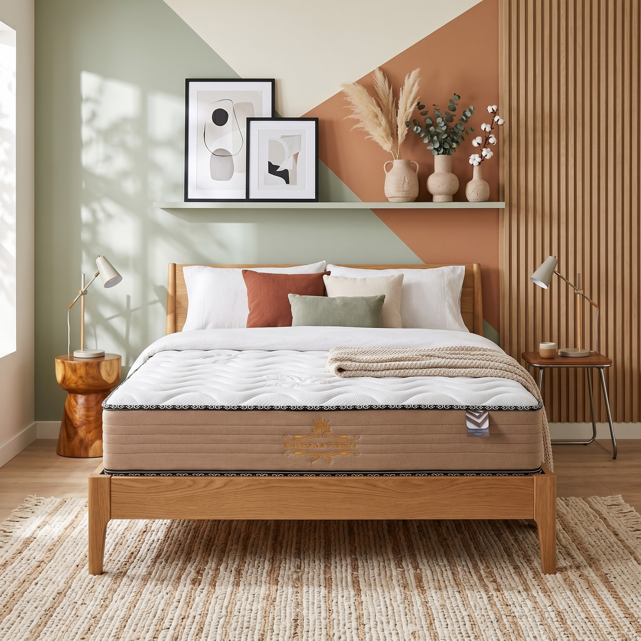 Bed with mattress in a bedroom setting with decor elements.