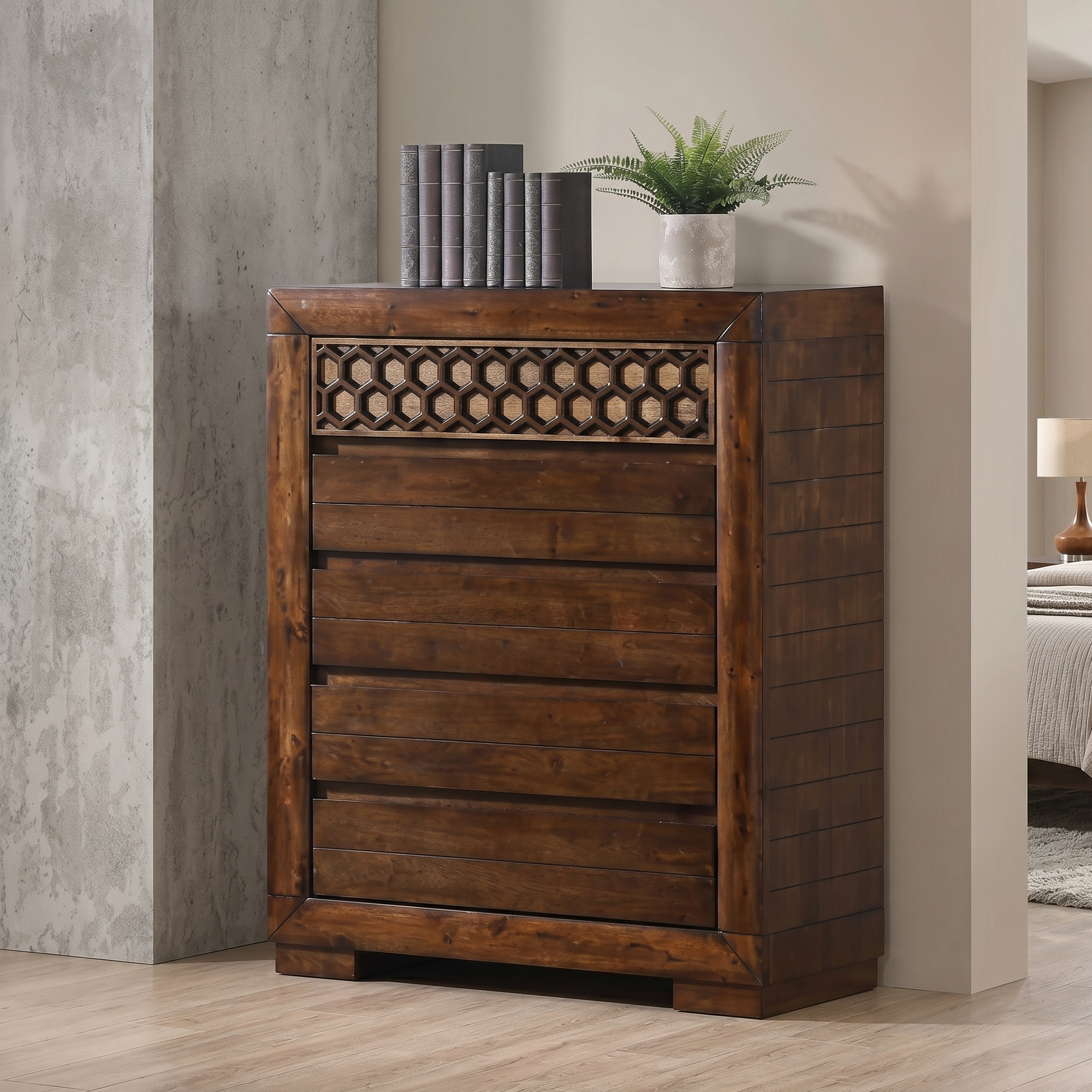 Wooden dresser with decorative front panel in a bedroom setting
