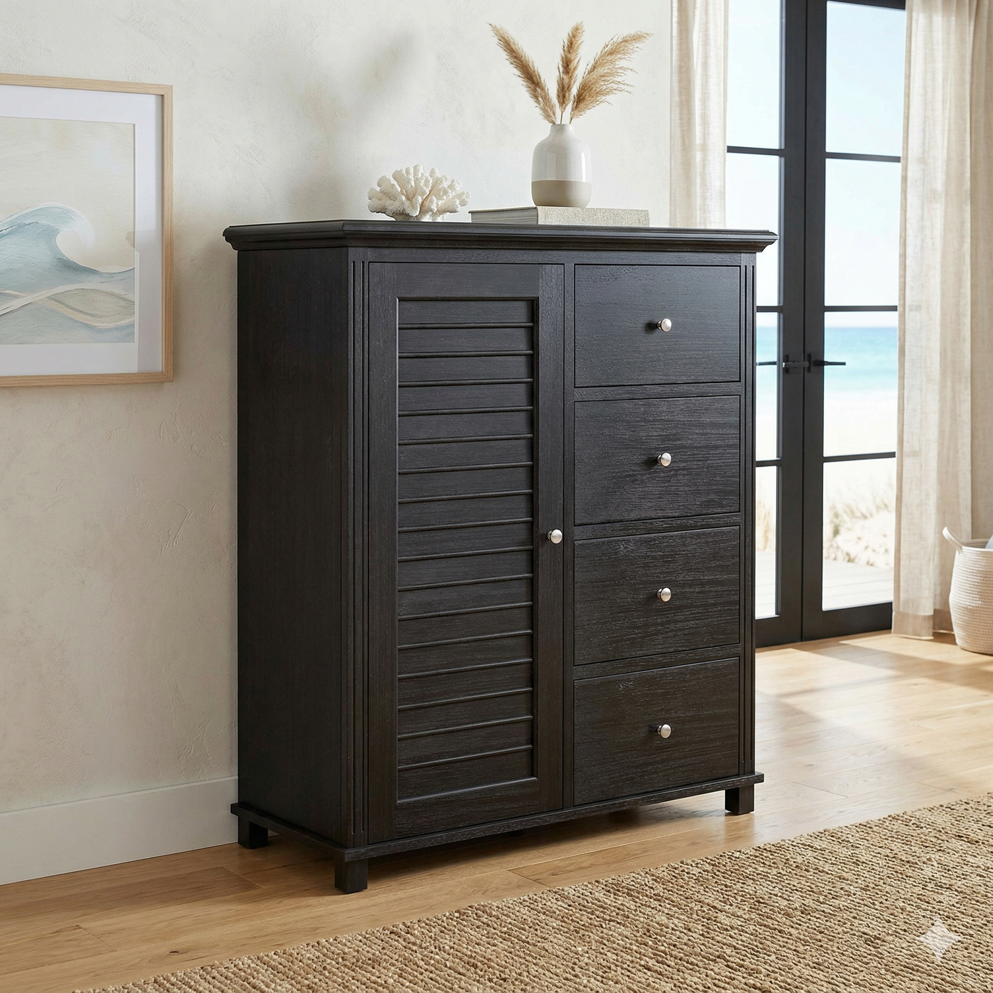 An image of a tall, dark-stained wood storage cabinet with a louvered door and four drawers, positioned in a modern coastal-styled room with an ocean view.