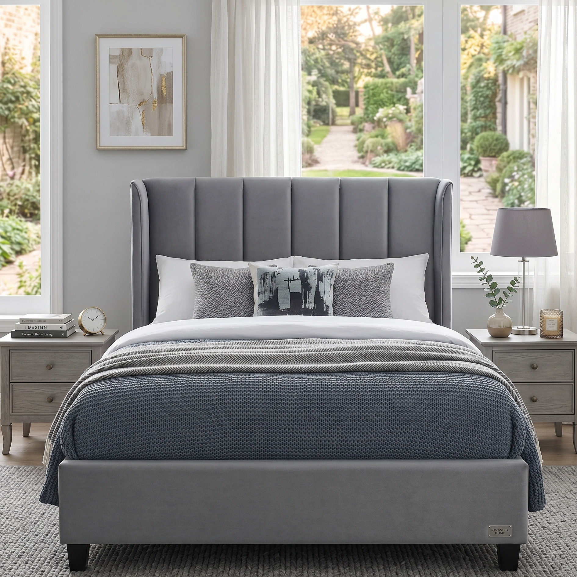 Gray upholstered bed in a bedroom with matching nightstands and decor.