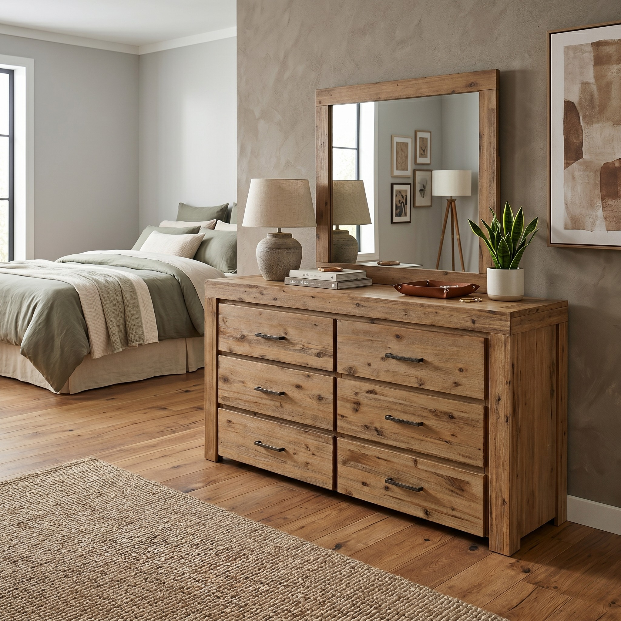 Wooden dresser in a bedroom with a mirror above it, books, and decorative items.